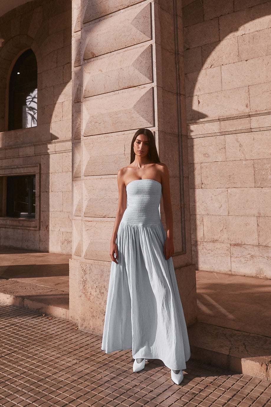 Maureen Cotton Robe Maxi à Plis - Bleu Poudré