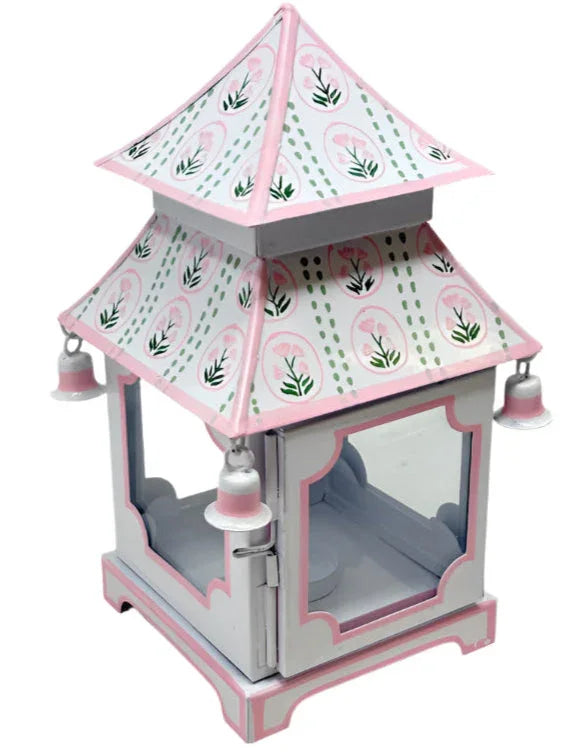 Lanterne pagode blanche et rose avec motif tulipe (3 tailles)