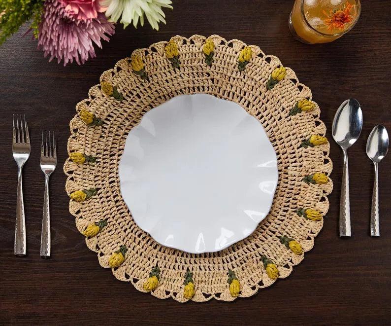 Set de table tulipe fait main – Set de table floral en raphia au crochet – Décoration de table printanière et de Pâques – Vaisselle artisanale – Décoration de salle à manger bohème