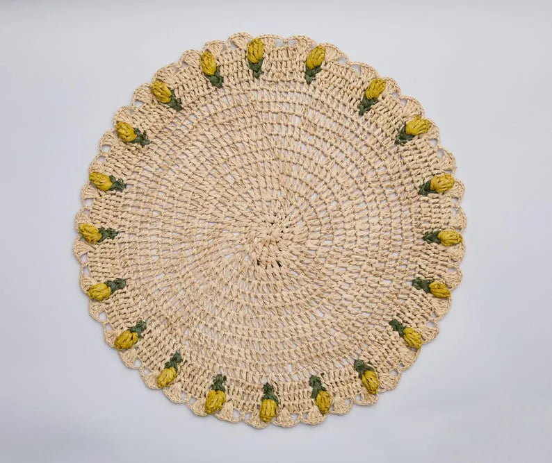 Set de table tulipe fait main – Set de table floral en raphia au crochet – Décoration de table printanière et de Pâques – Vaisselle artisanale – Décoration de salle à manger bohème