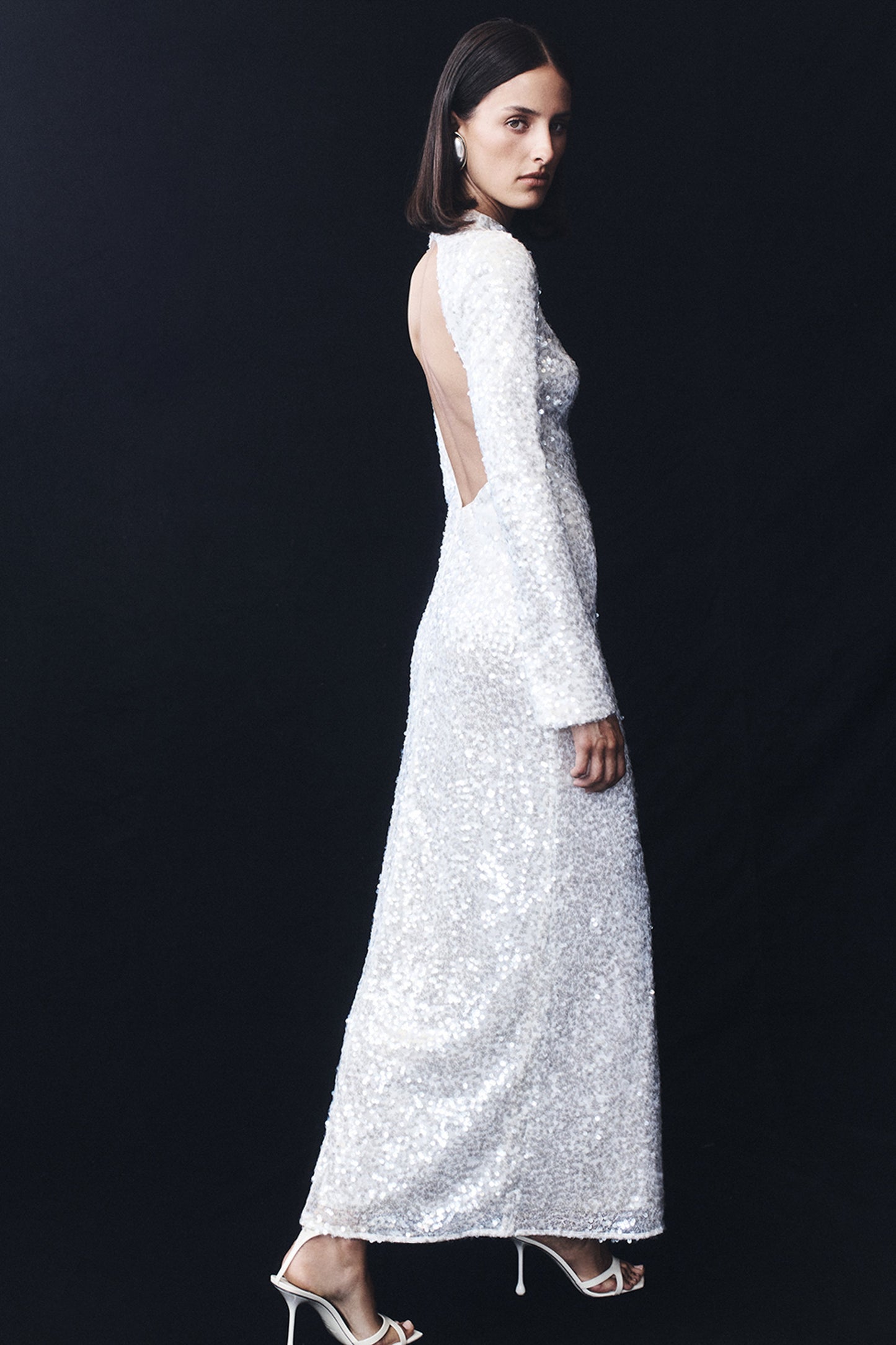 Robe Maxi Sofia à Manches Longues et Paillettes - Blanche