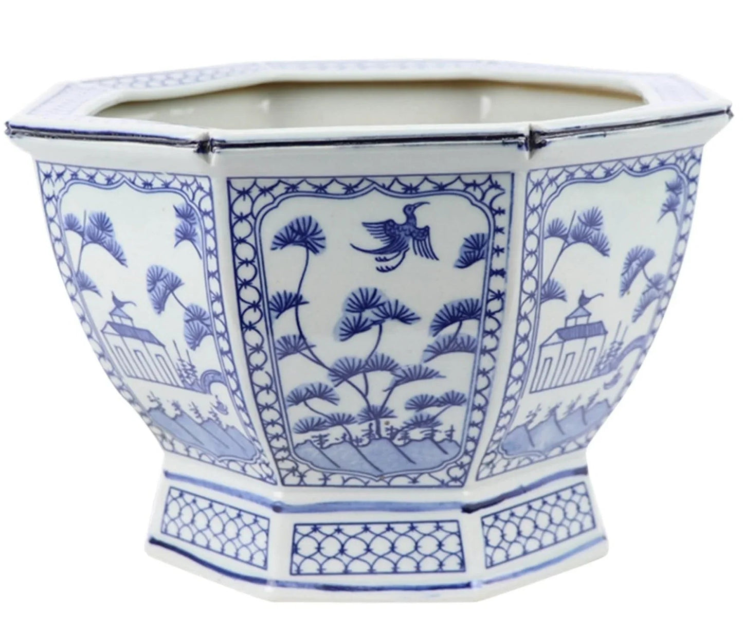Jardinière hexagonale de taille moyenne, bleu clair, avec motifs floraux et villageois