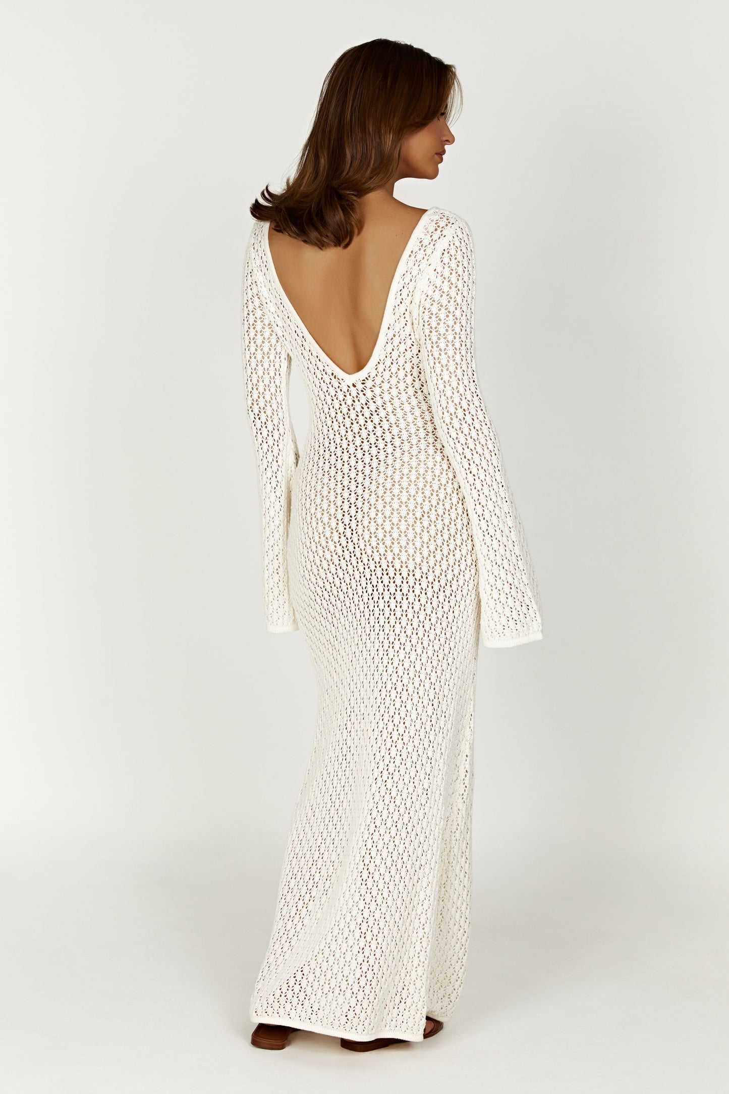 Robe Maxi à Manches Bouffantes en Crochet en Forme de Queue de Poisson - Blanc