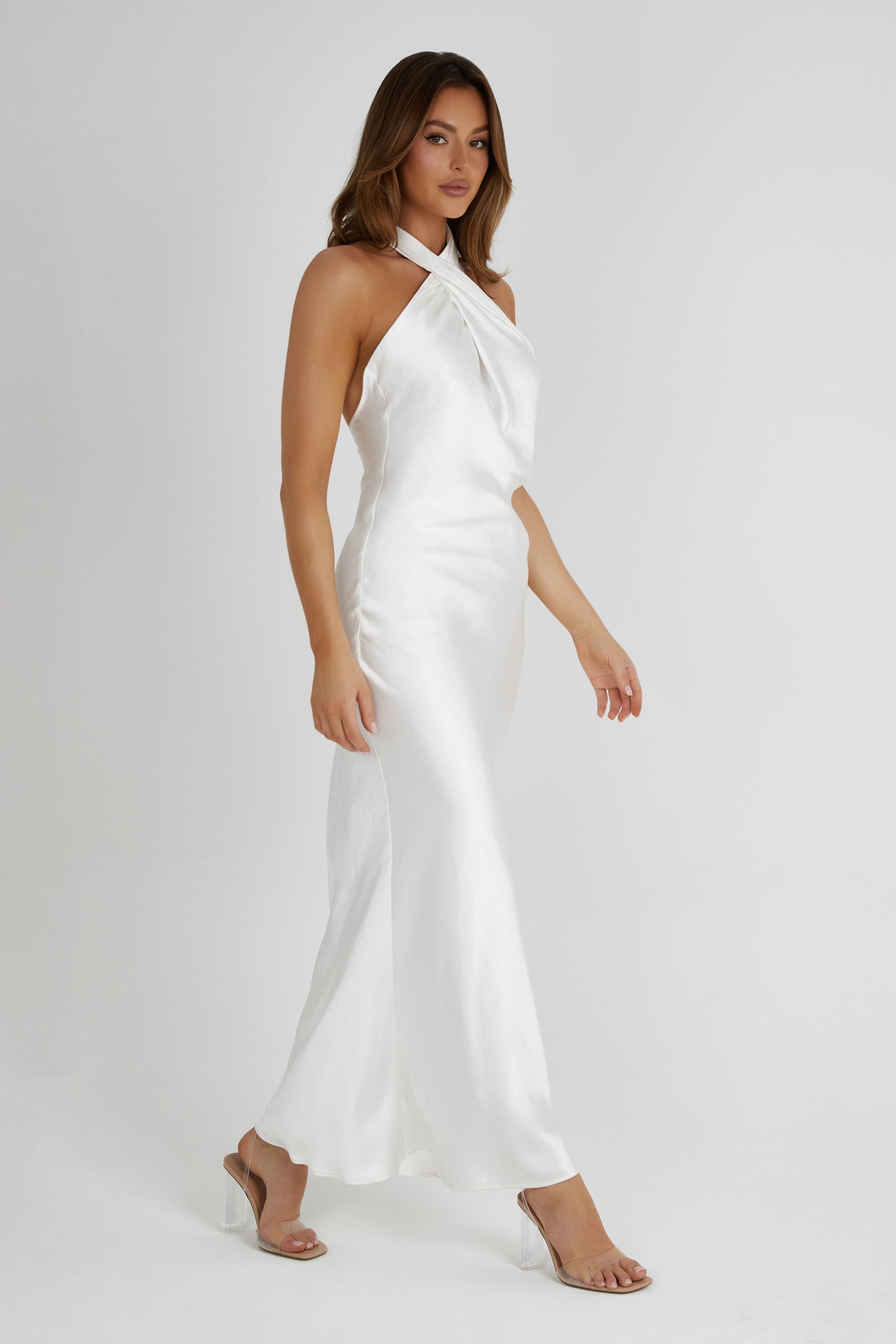 Robe satinée Laura à col halter - Blanc
