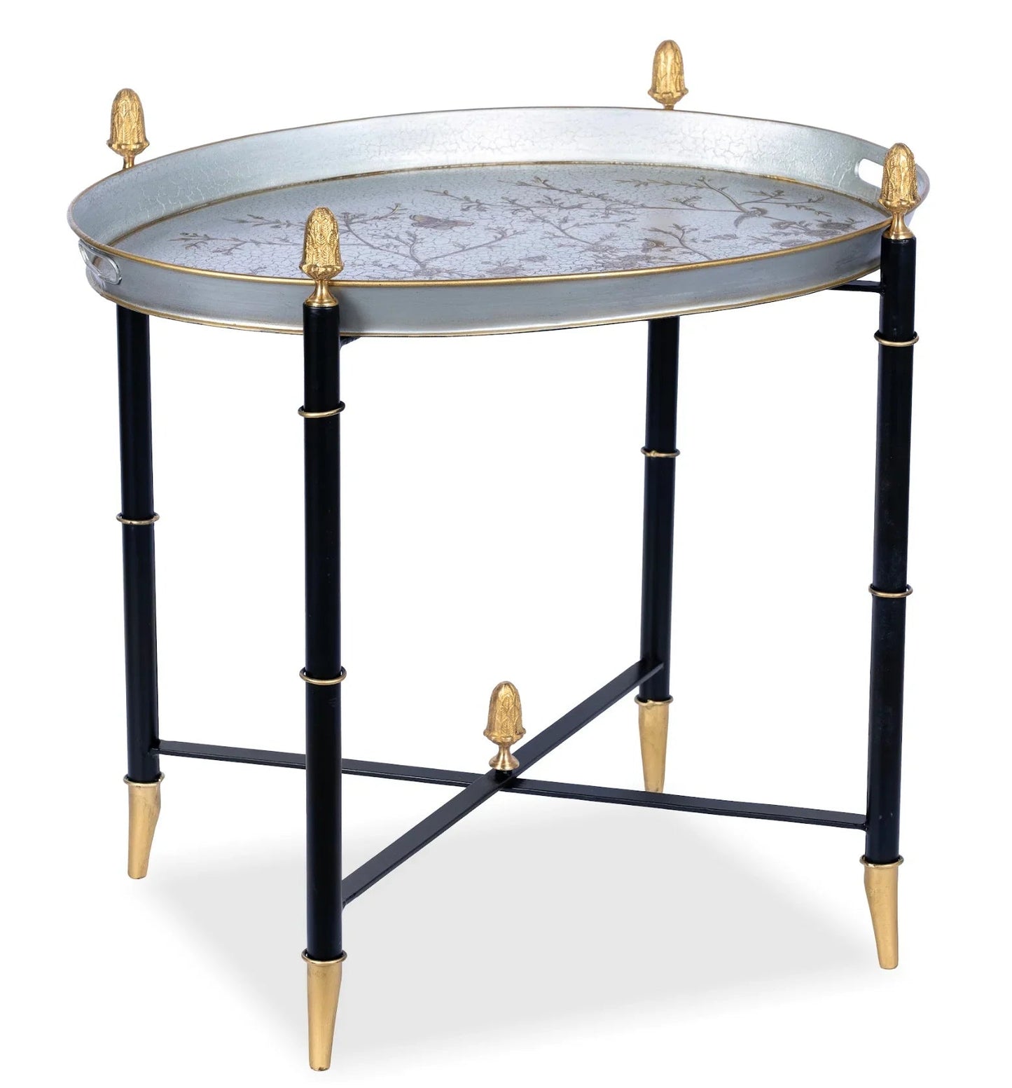 Table ronde en étain noir avec embouts dorés