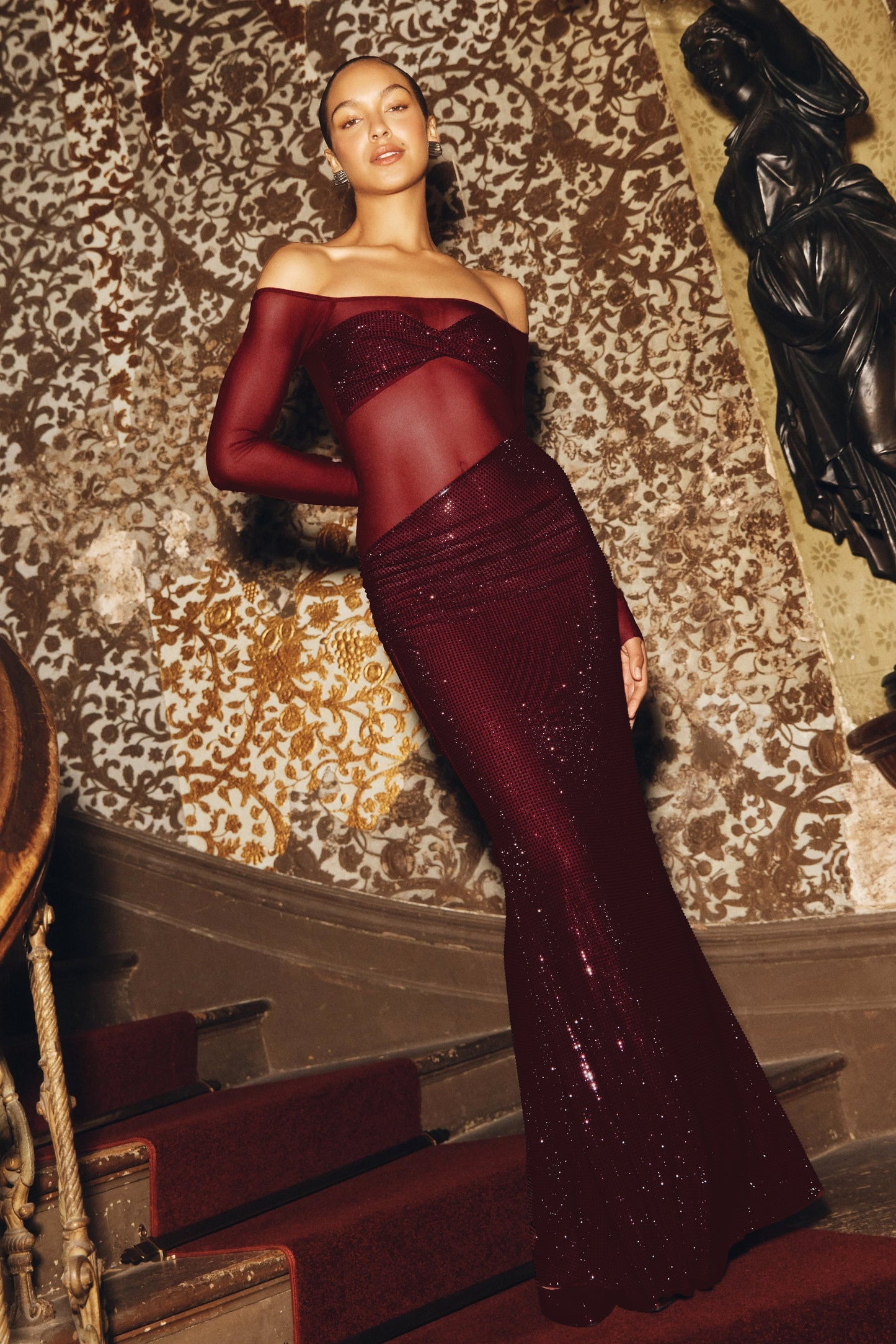 Robe Maxi à épaules dénudées Nash Diamante - Brun-rouge
