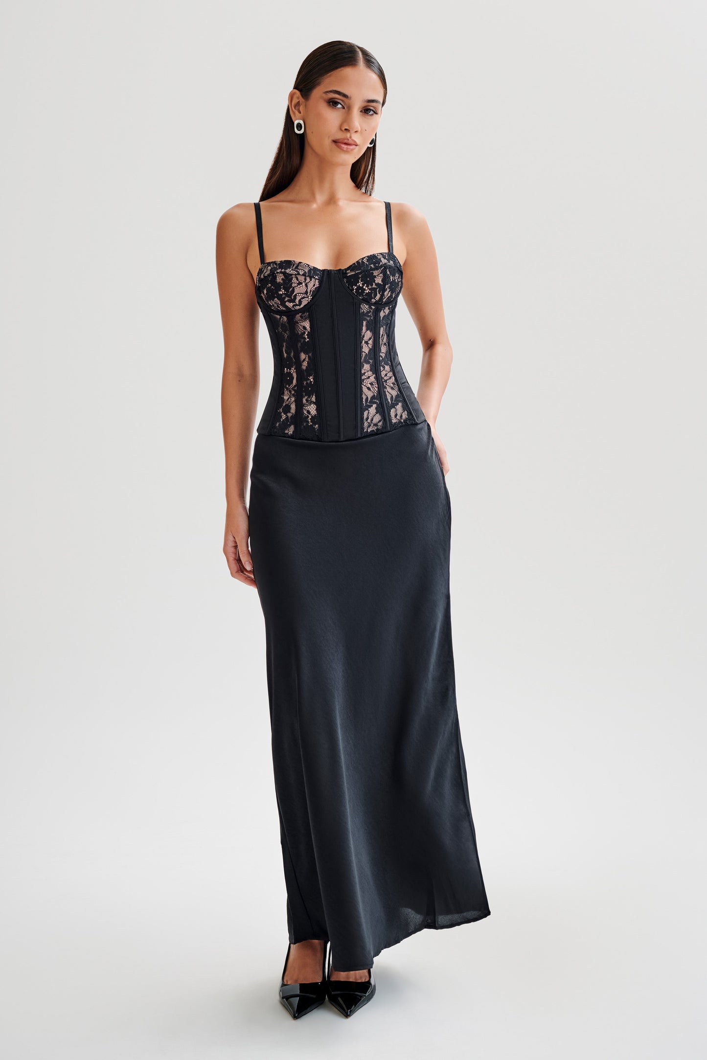 Corset Maryse en satin et dentelle - Noir
