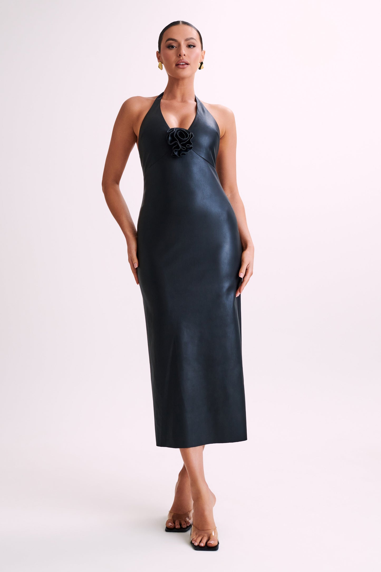 Robe midi rose en simili cuir Dori - Noir