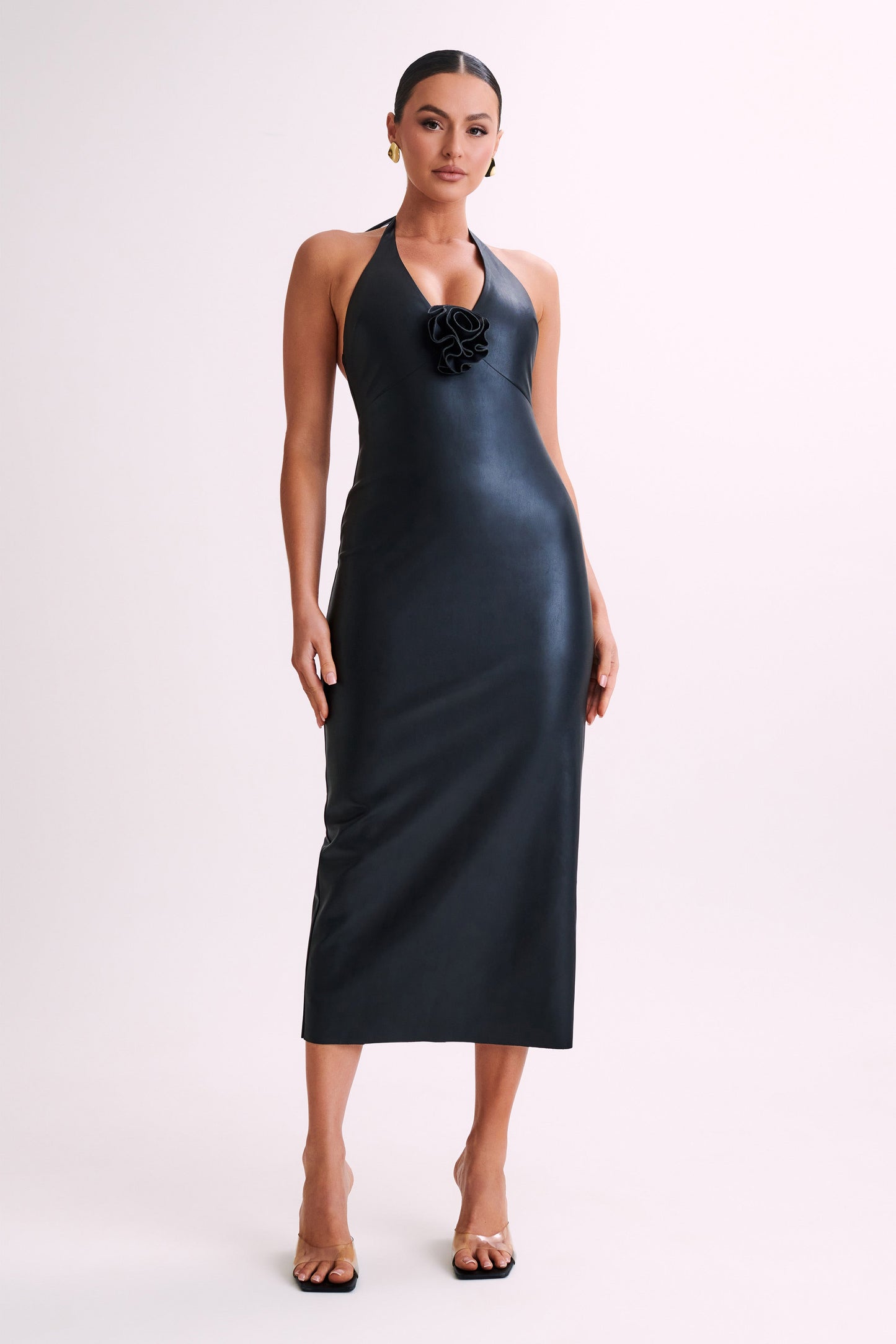 Robe midi rose en simili cuir Dori - Noir