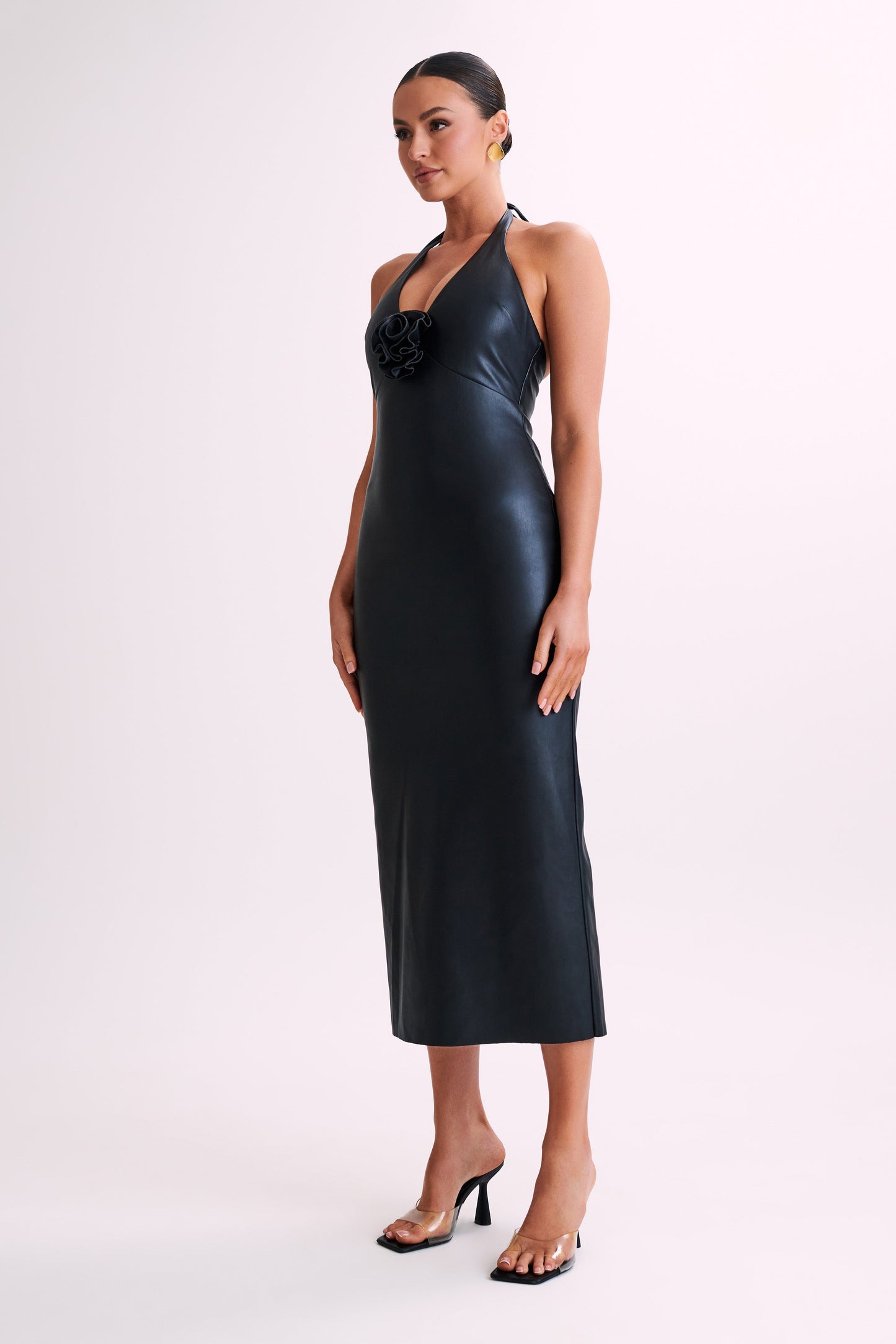Robe midi rose en simili cuir Dori - Noir