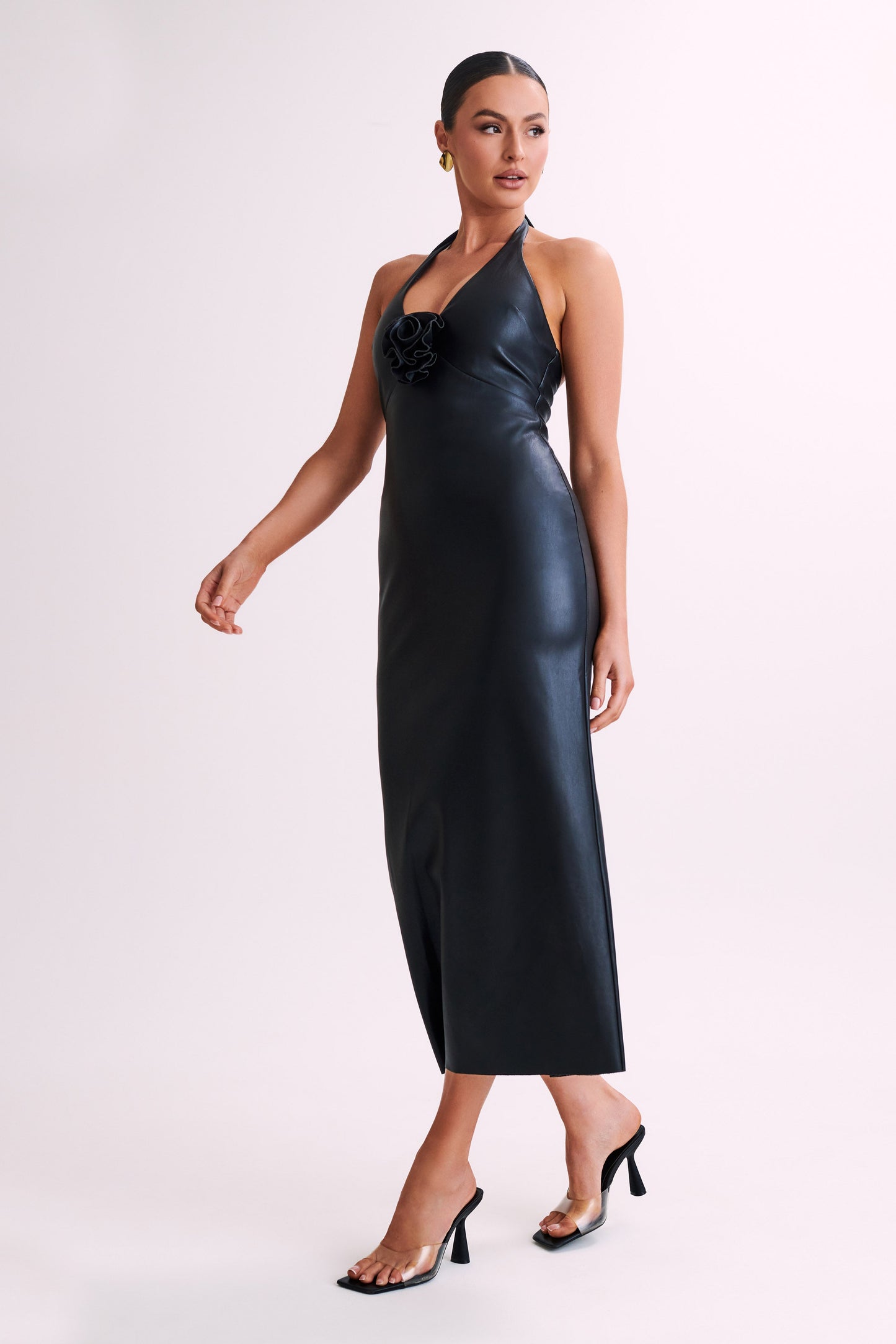 Robe midi rose en simili cuir Dori - Noir