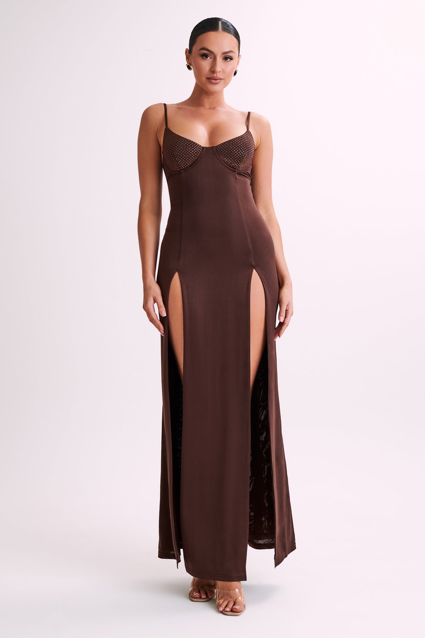Jojo Robe Maxi Jersey à Fente avec Diamants - Chocolat