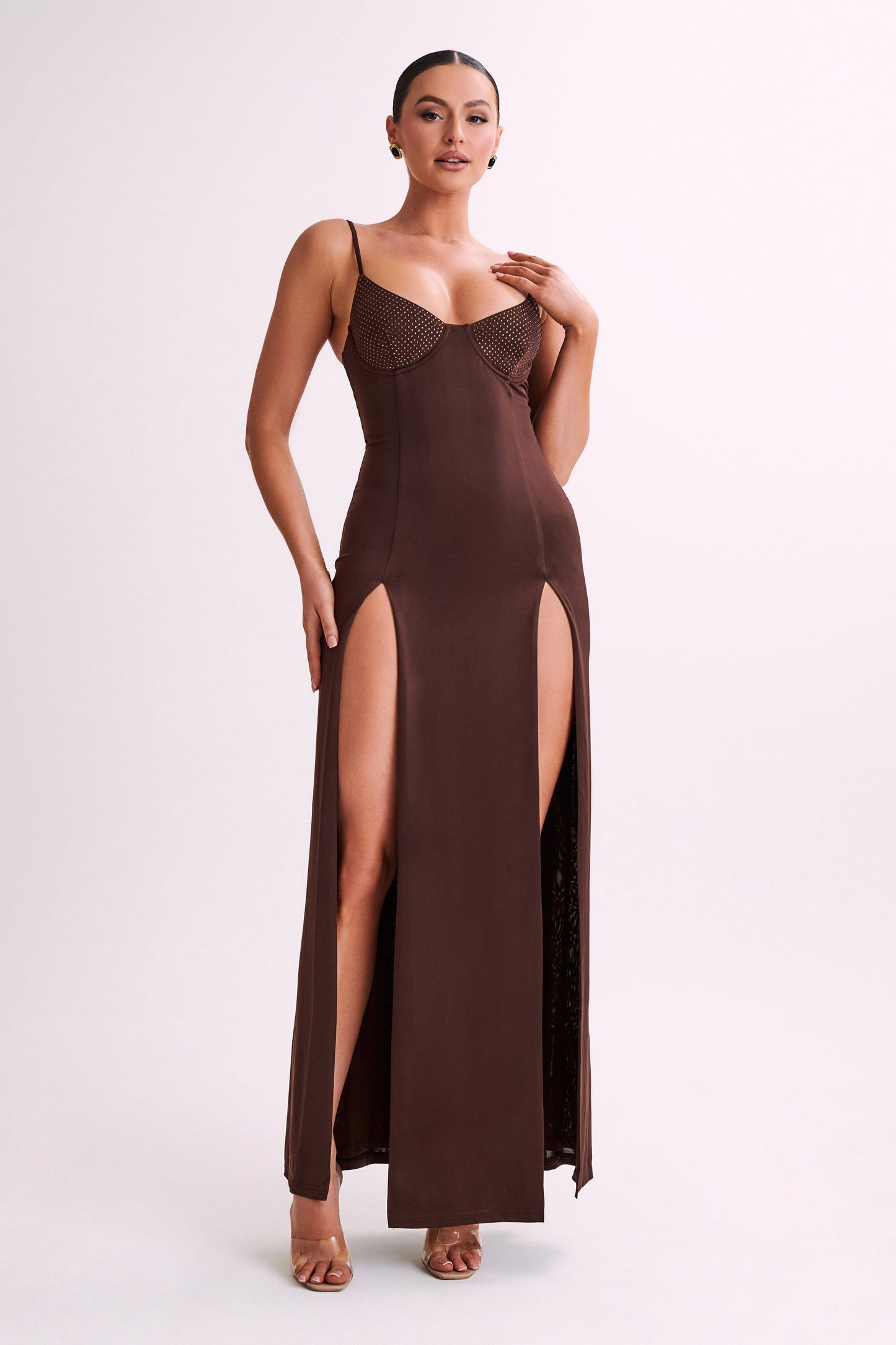 Jojo Robe Maxi Jersey à Fente avec Diamants - Chocolat