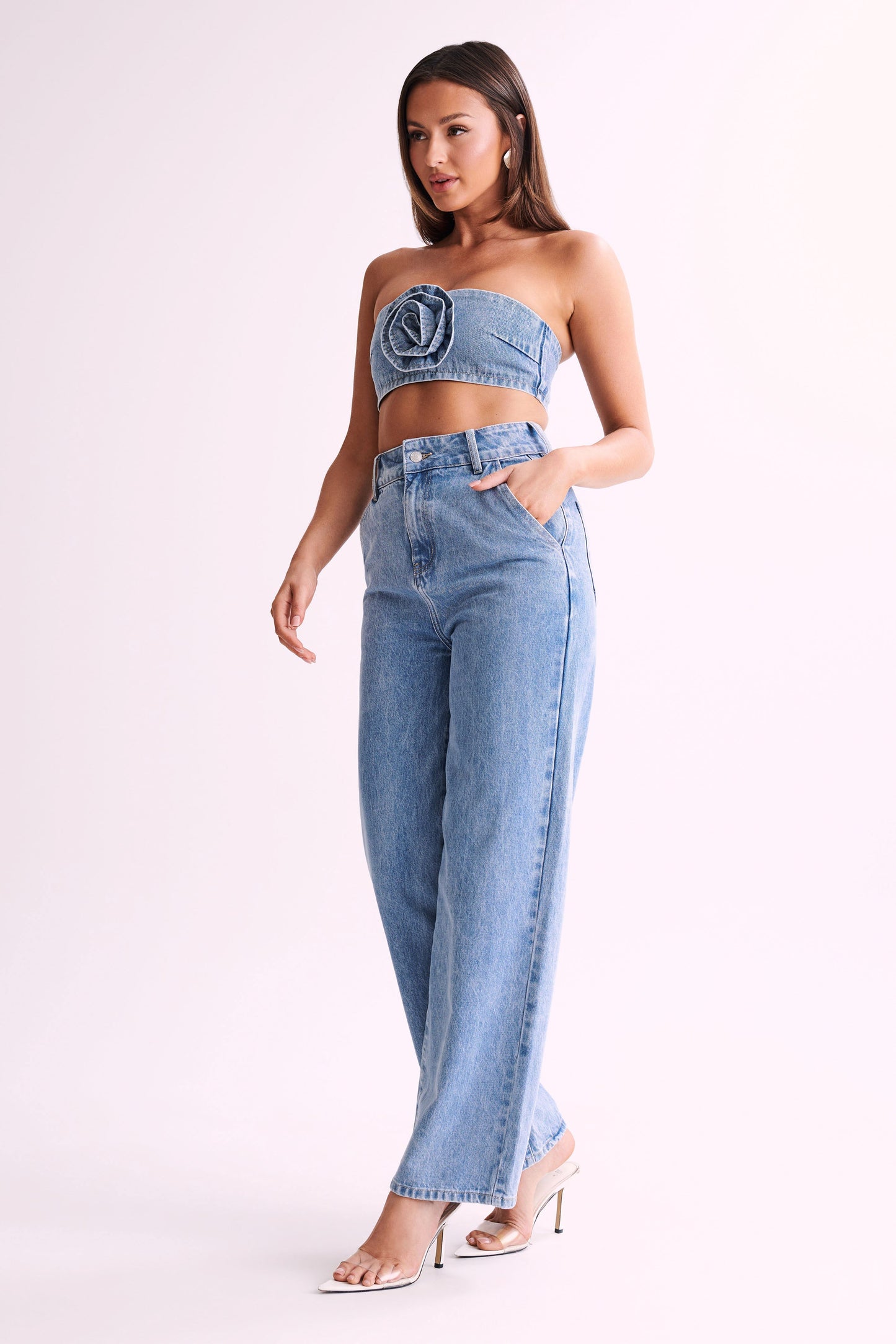 Jeans Roxy taille haute, jambe large - Bleu moyen