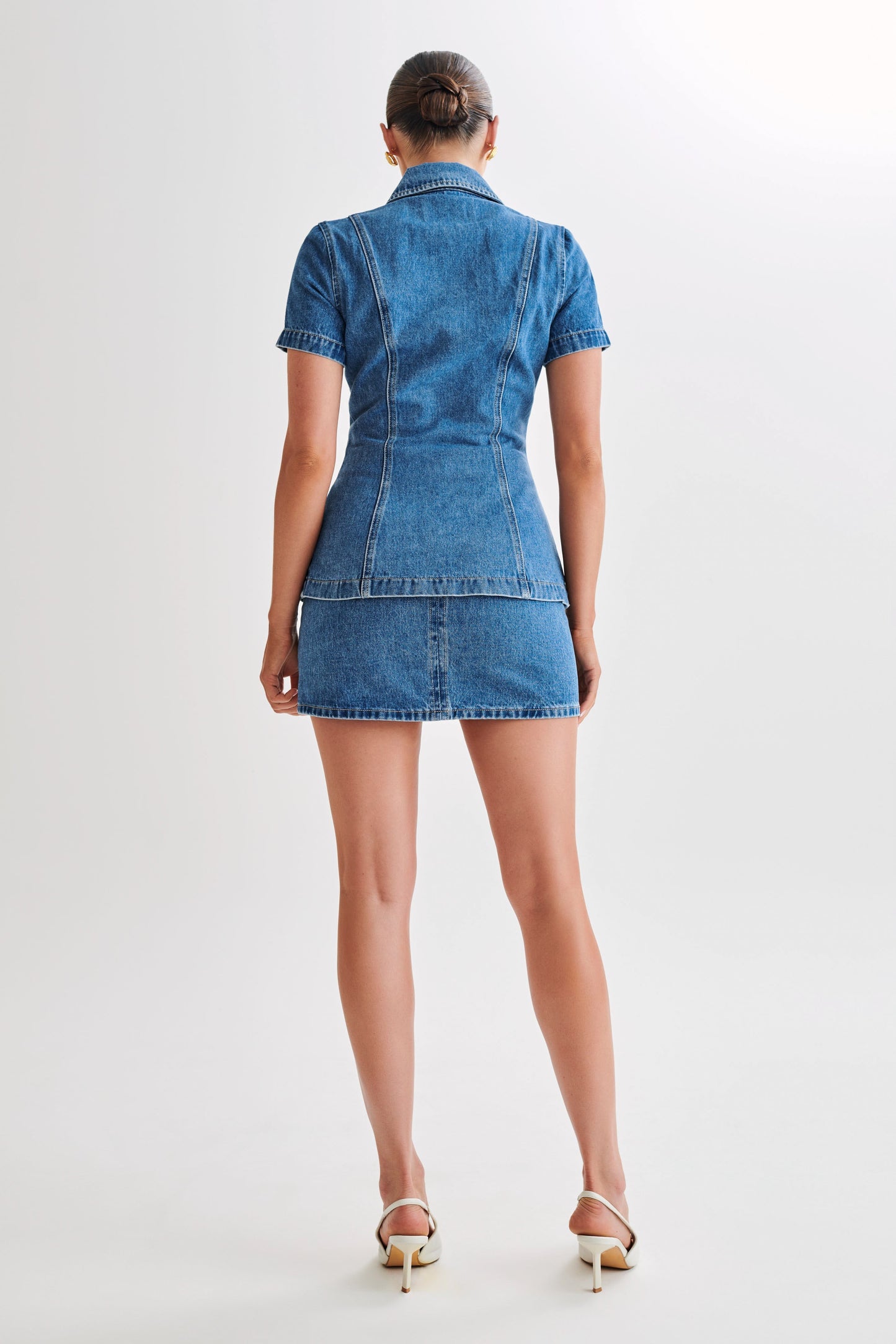 Top en jean à manches courtes Ellie - Bleu des années 70