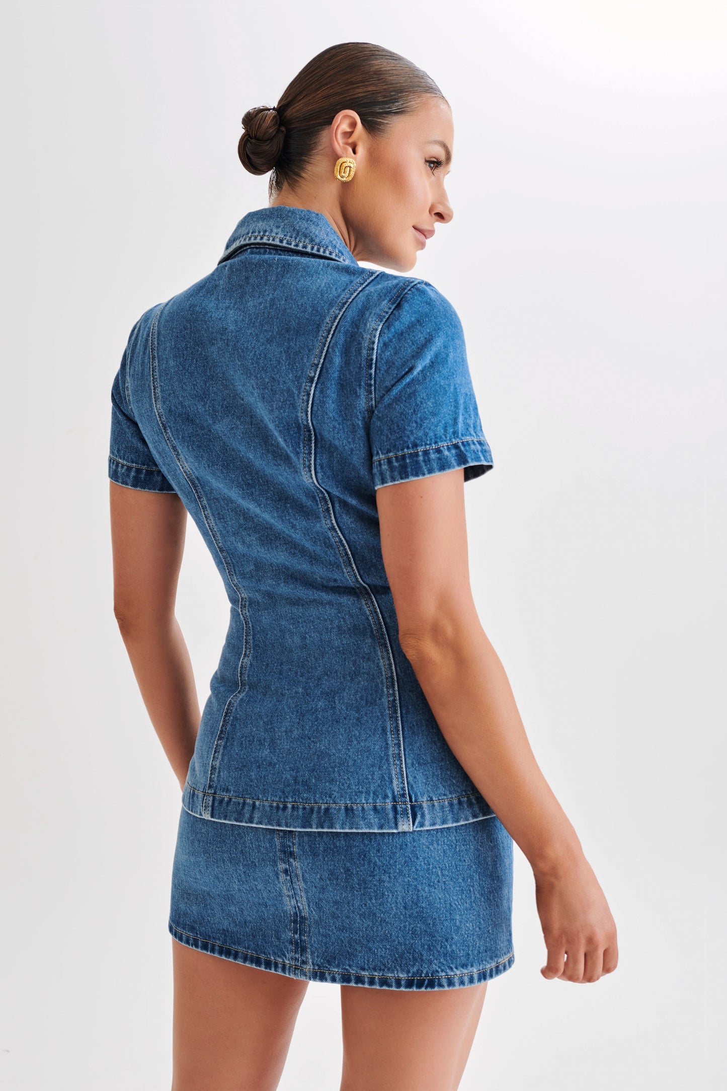 Top en jean à manches courtes Ellie - Bleu des années 70