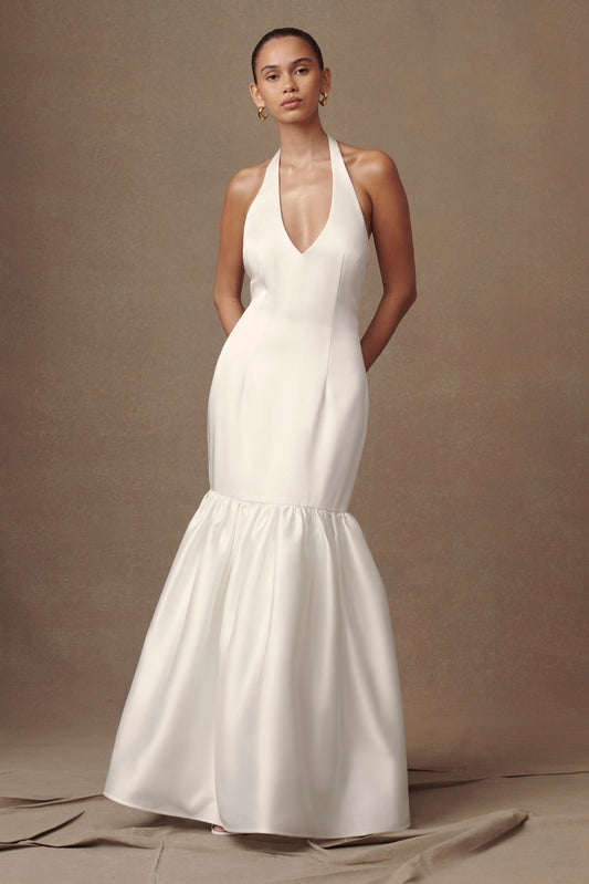 Robe de mariée Danica en satin avec décolleté halter - Blanc