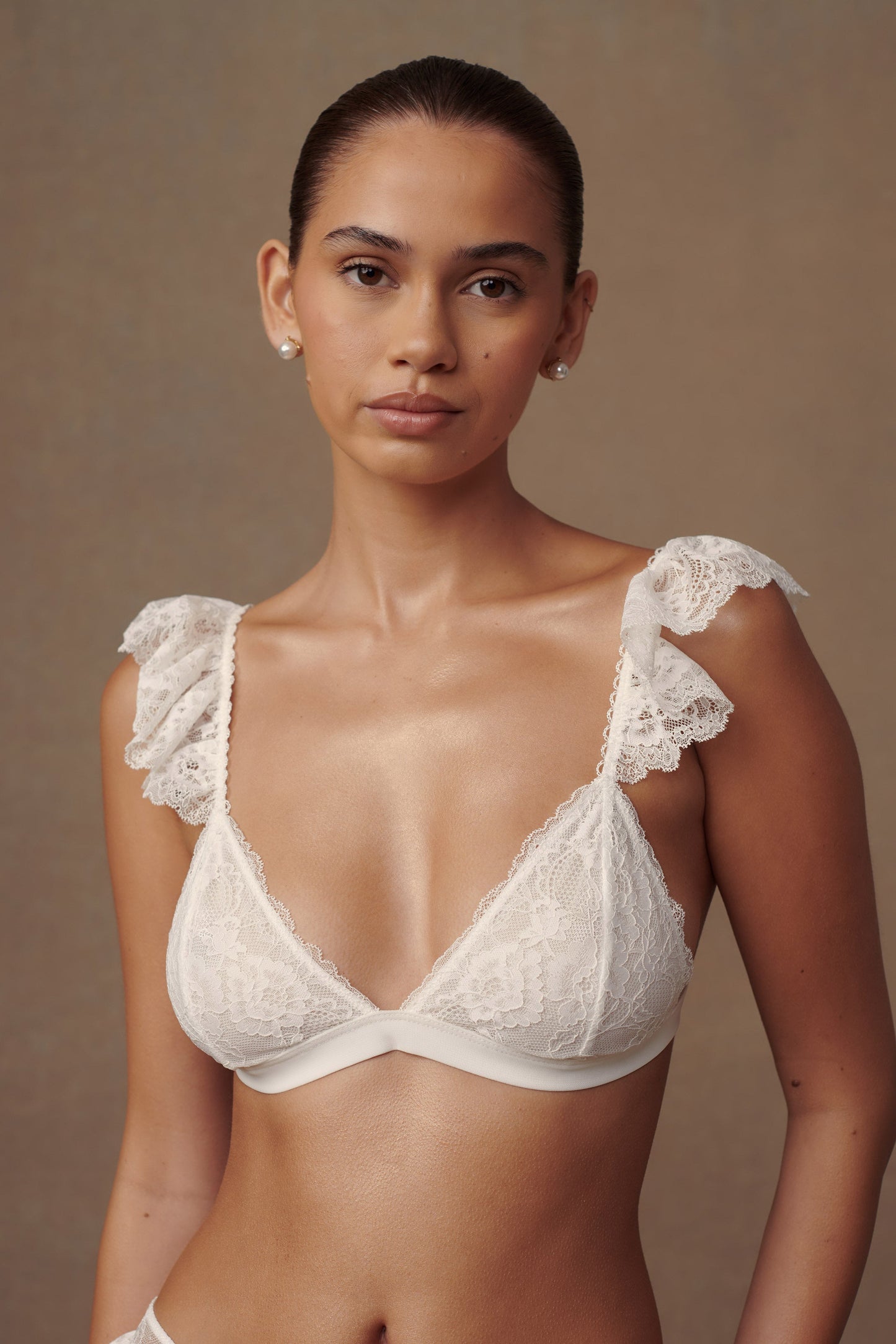 Bralette triangle à volants en dentelle Anniston - Blanc