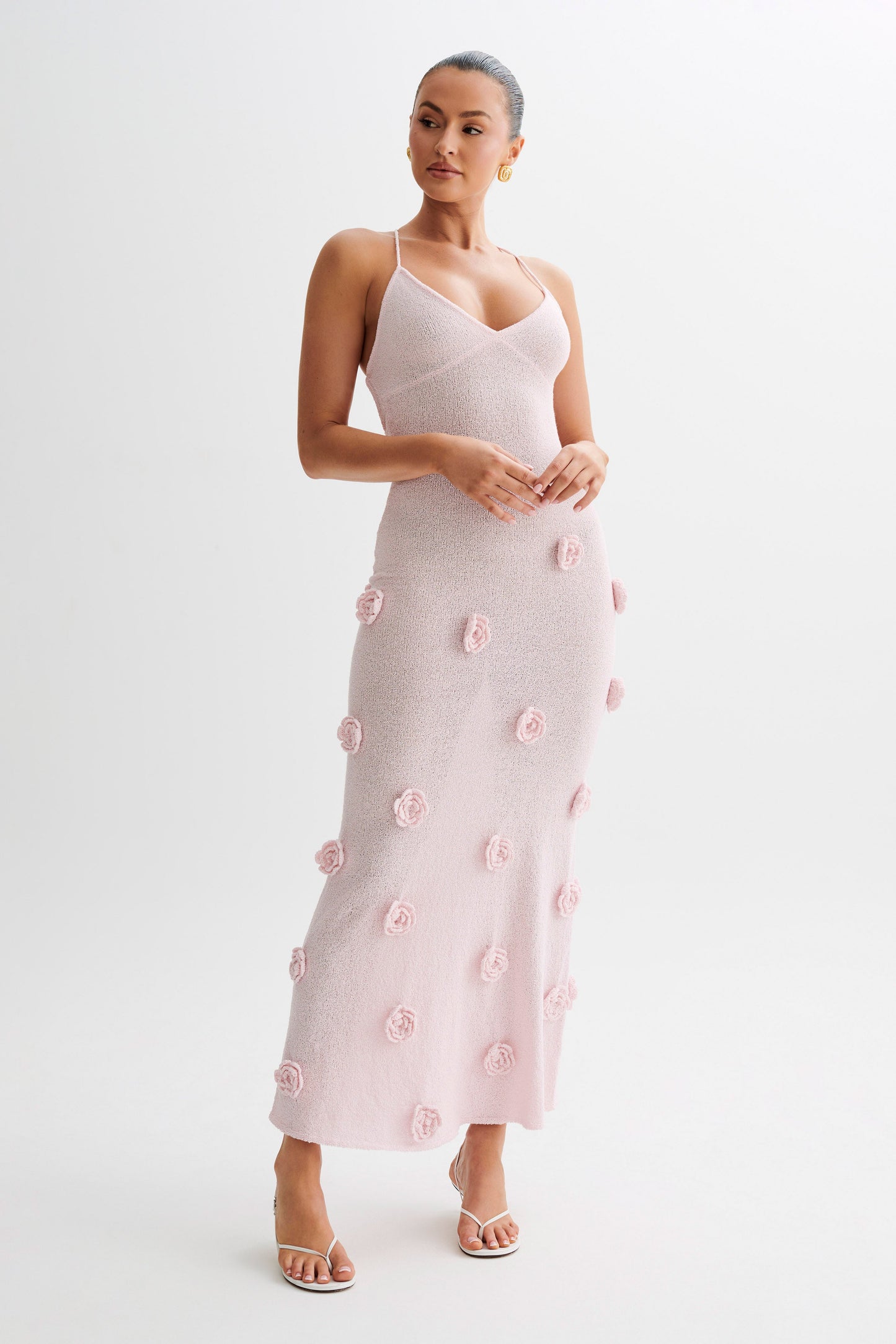 Robe Maxi Tricotée Suki avec Fleurs - Rose Poussière