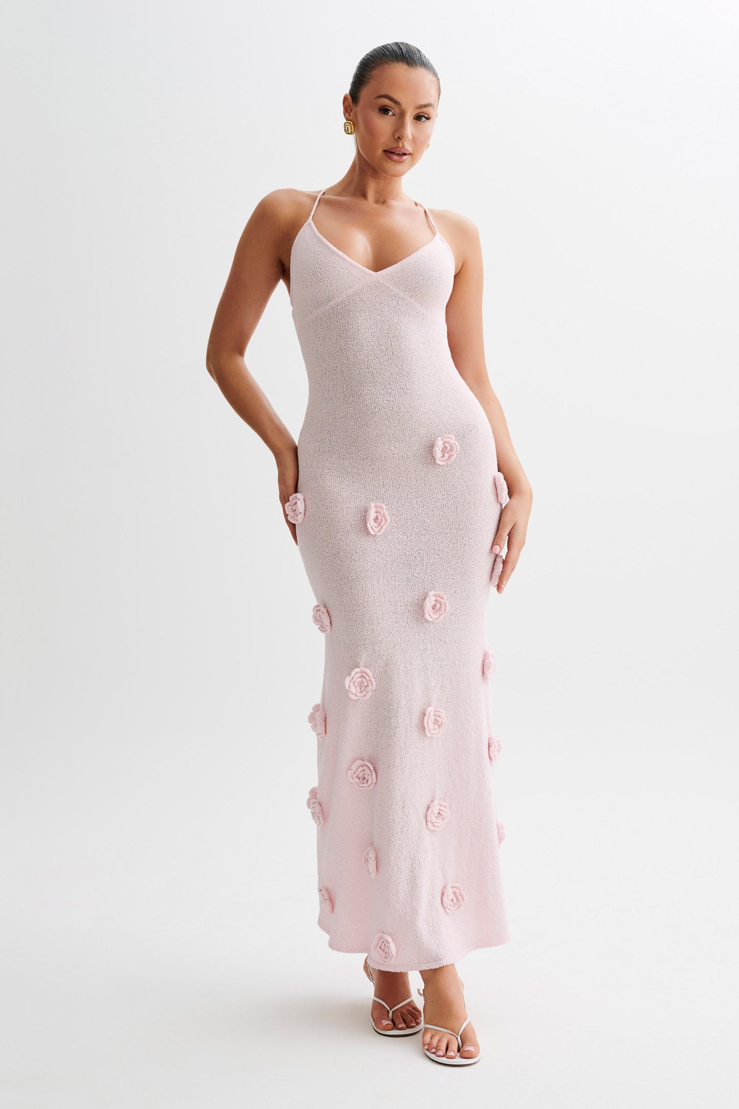 Robe Maxi Tricotée Suki avec Fleurs - Rose Poussière
