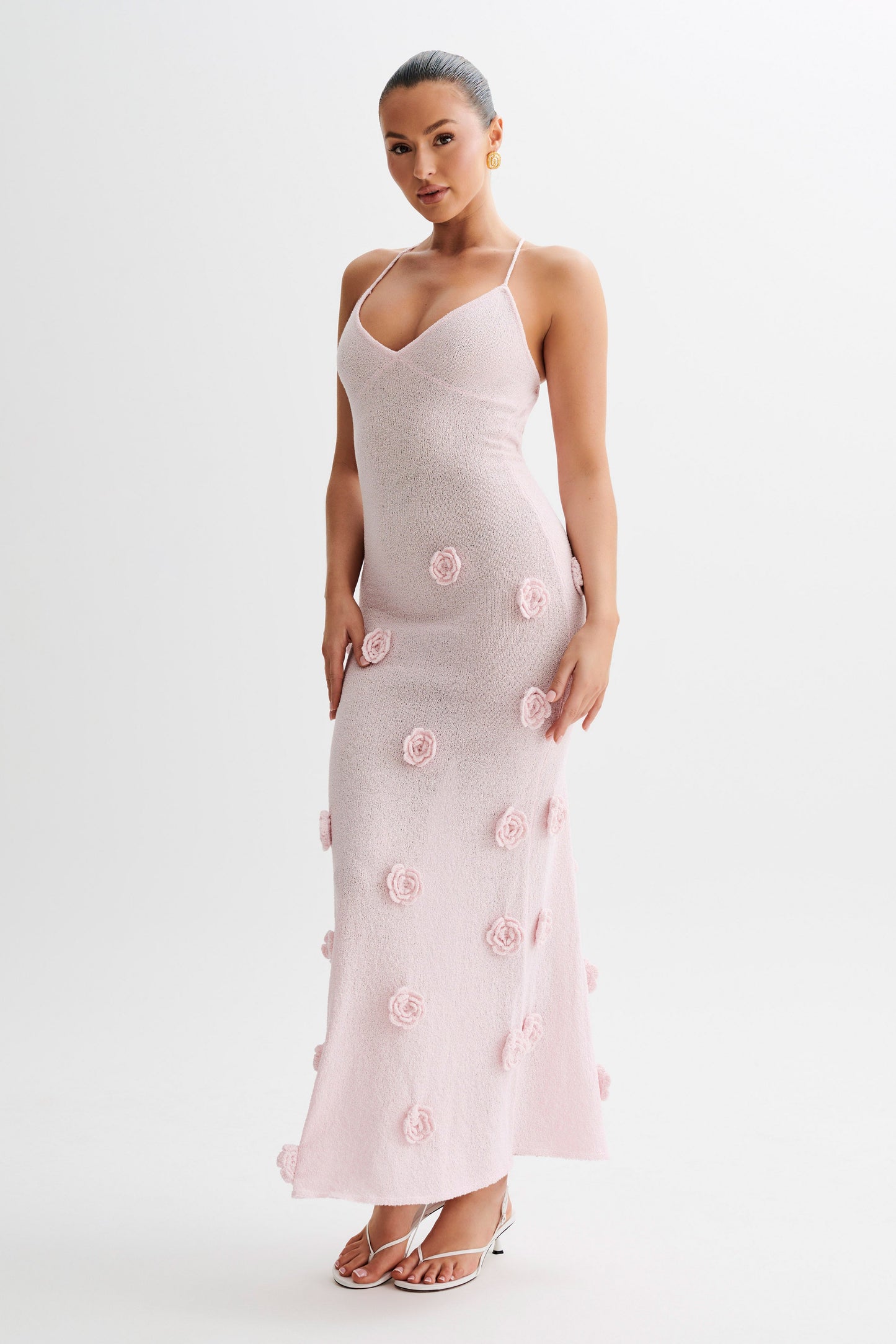 Robe Maxi Tricotée Suki avec Fleurs - Rose Poussière