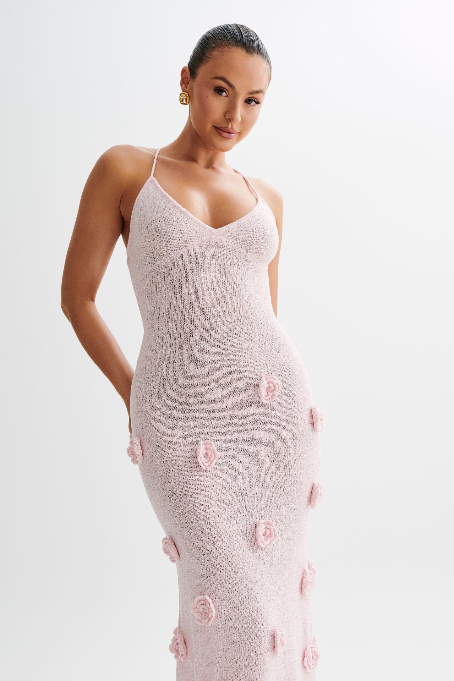 Robe Maxi Tricotée Suki avec Fleurs - Rose Poussière