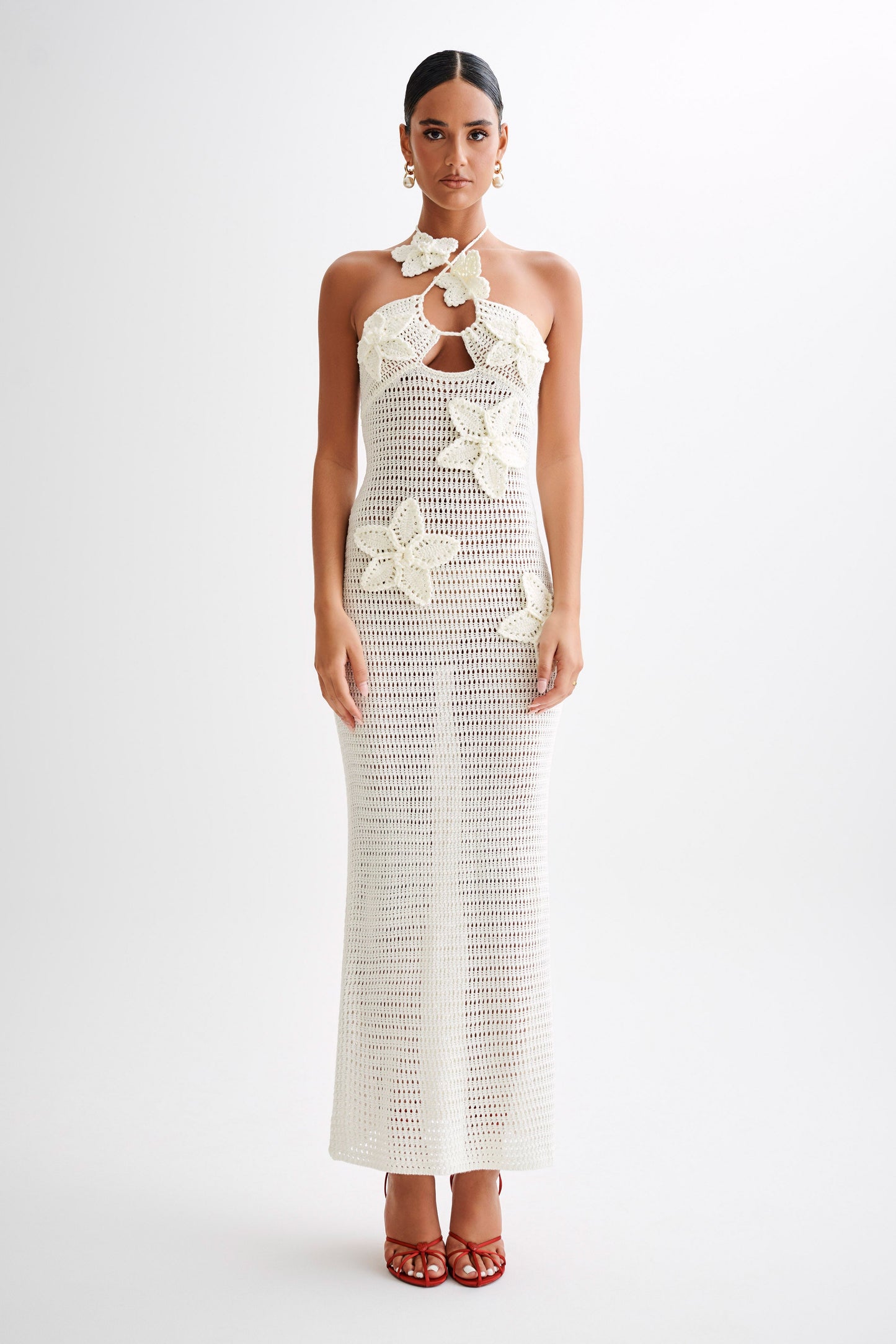 Robe Maxi Crochetee à Motifs Floraux Kyla - Ivoire