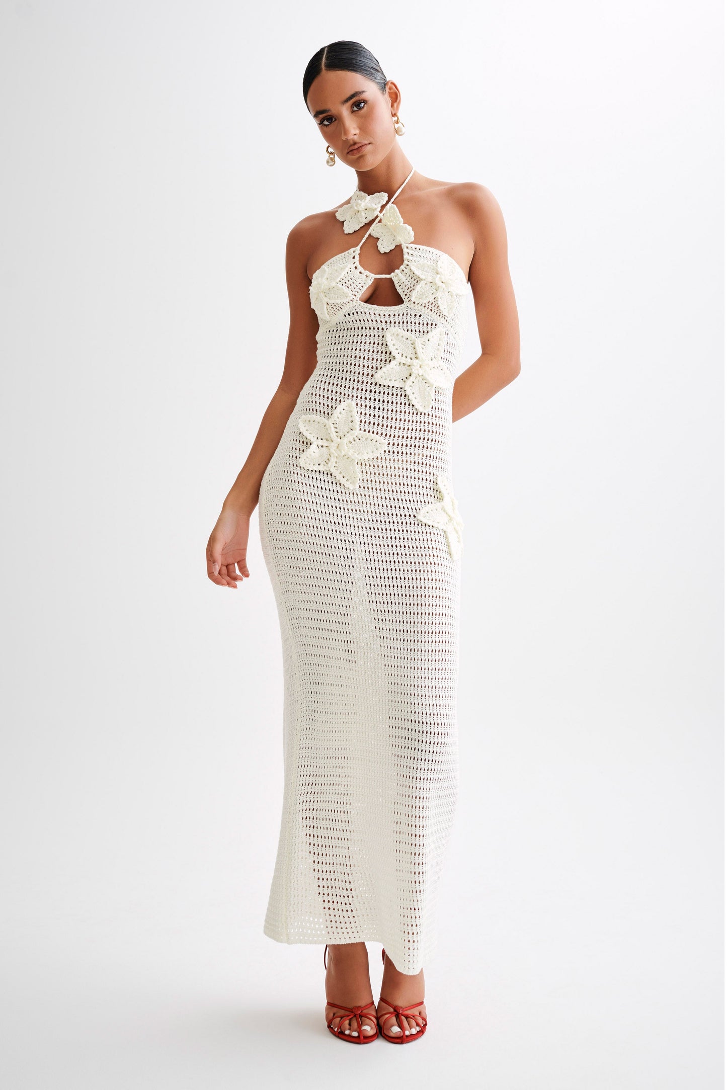 Robe Maxi Crochetee à Motifs Floraux Kyla - Ivoire