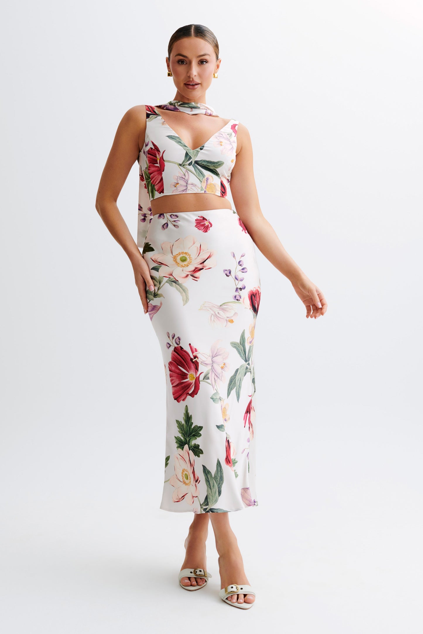 Jupe mi-longue en satin Viviana - Imprimé Bella Rosa