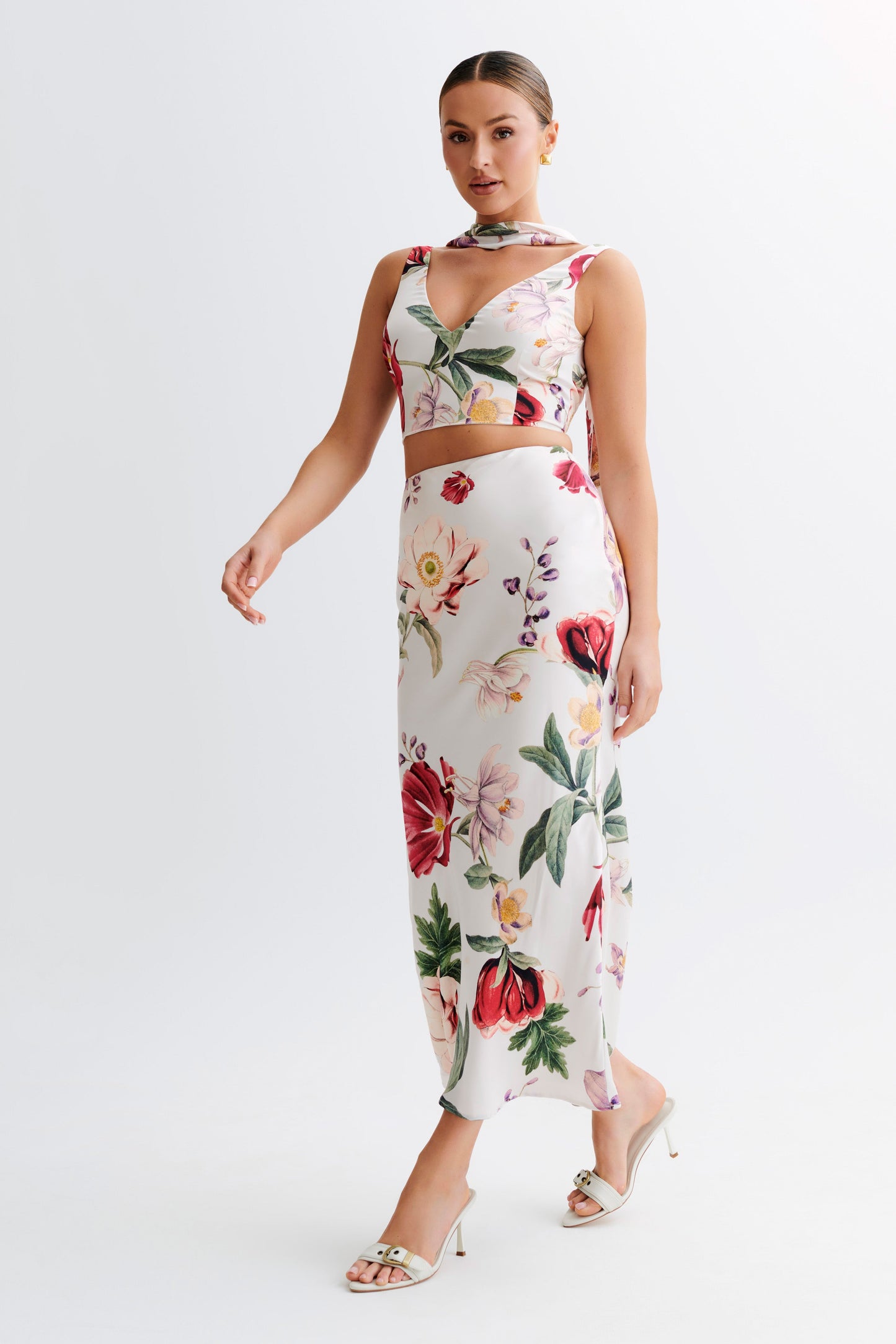 Jupe mi-longue en satin Viviana - Imprimé Bella Rosa