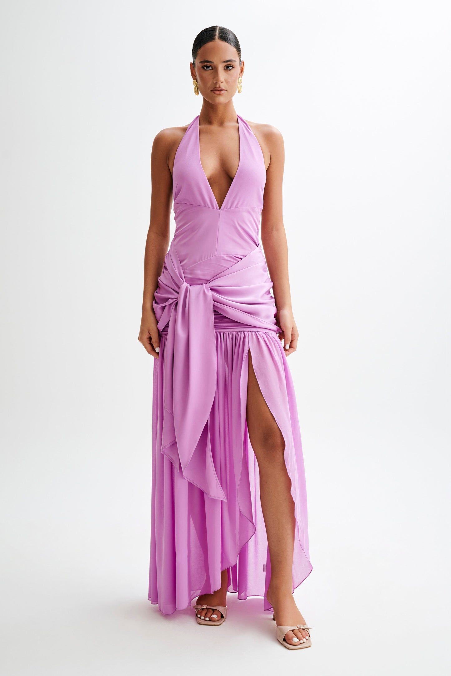 Robe Maxi Plunge en Satin et Chiffon Graziana - Violette