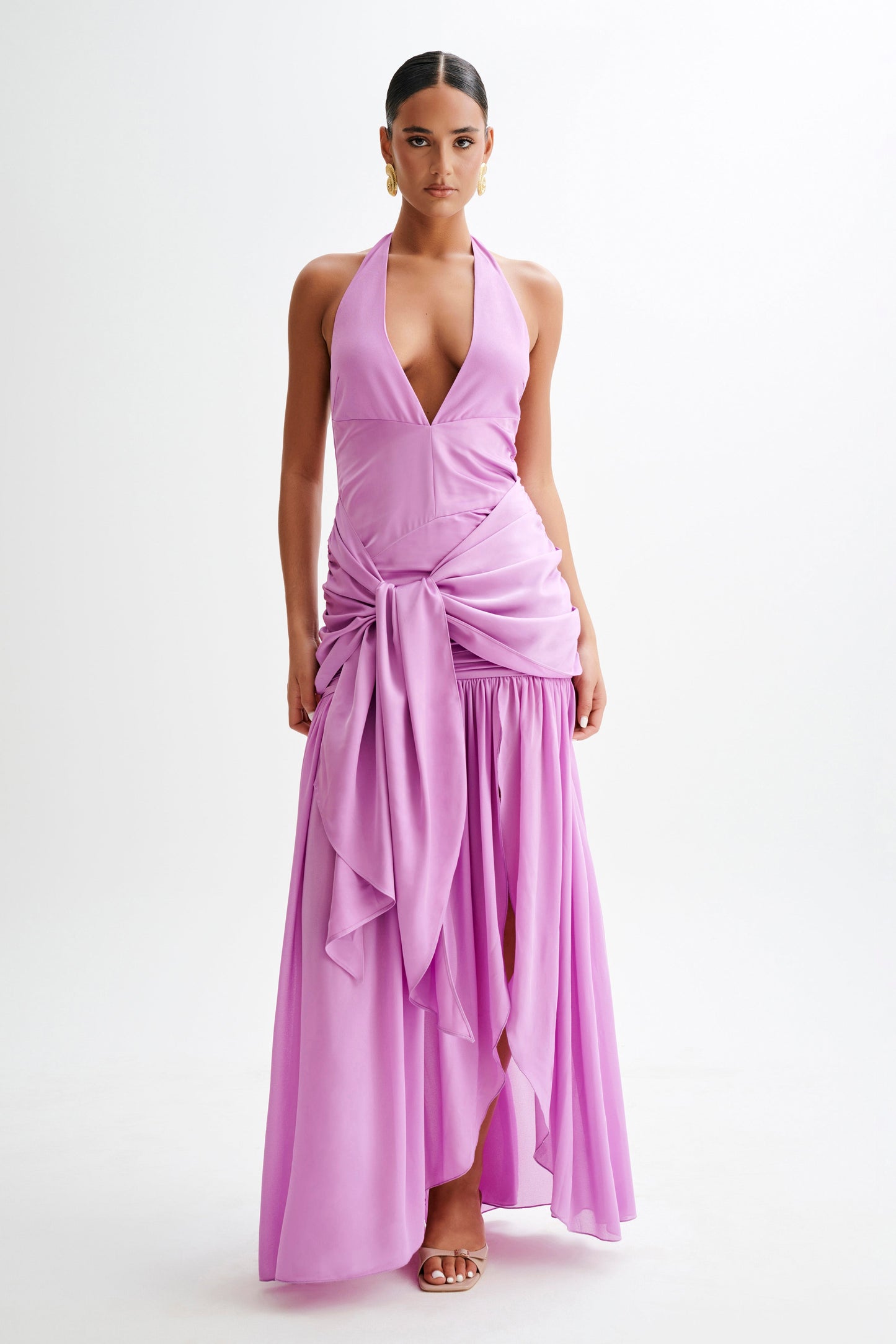 Robe Maxi Plunge en Satin et Chiffon Graziana - Violette