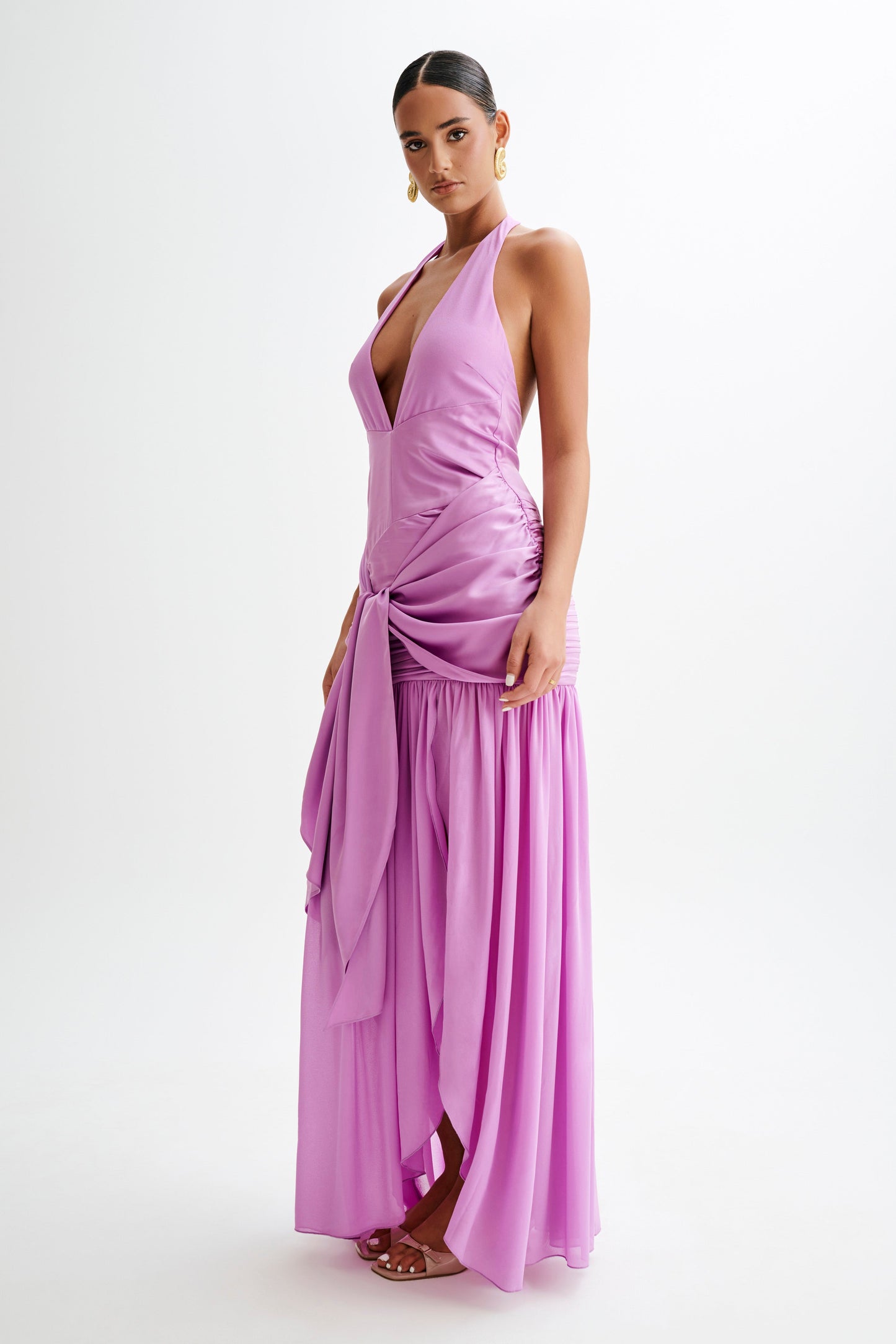 Robe Maxi Plunge en Satin et Chiffon Graziana - Violette