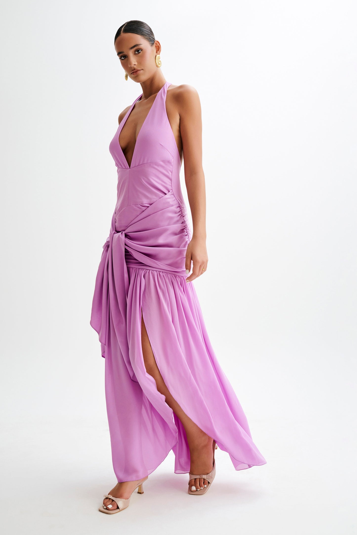 Robe Maxi Plunge en Satin et Chiffon Graziana - Violette