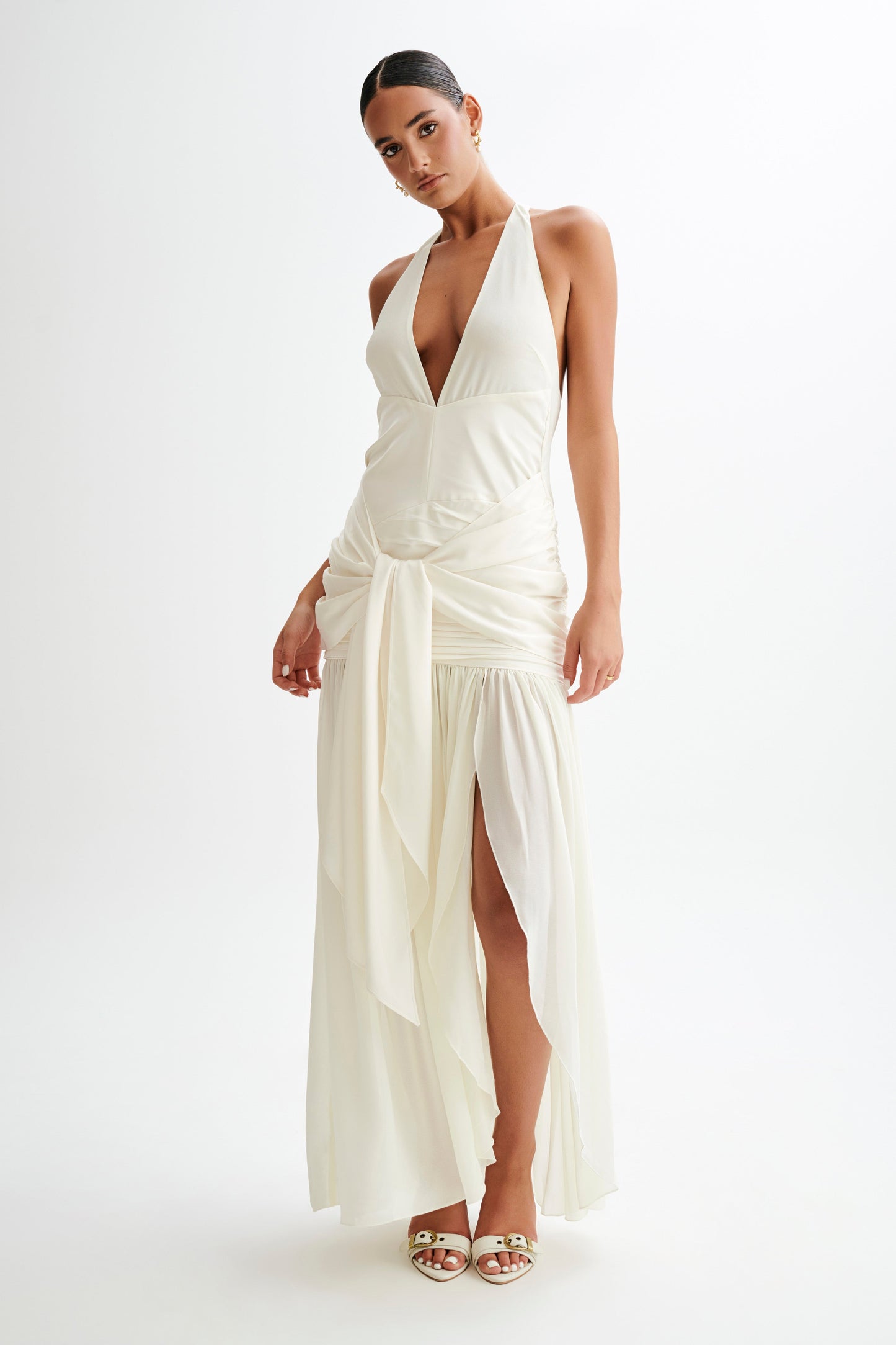Robe Maxi en Satin et Chiffon à Décolleté Plongeant - Ivoire