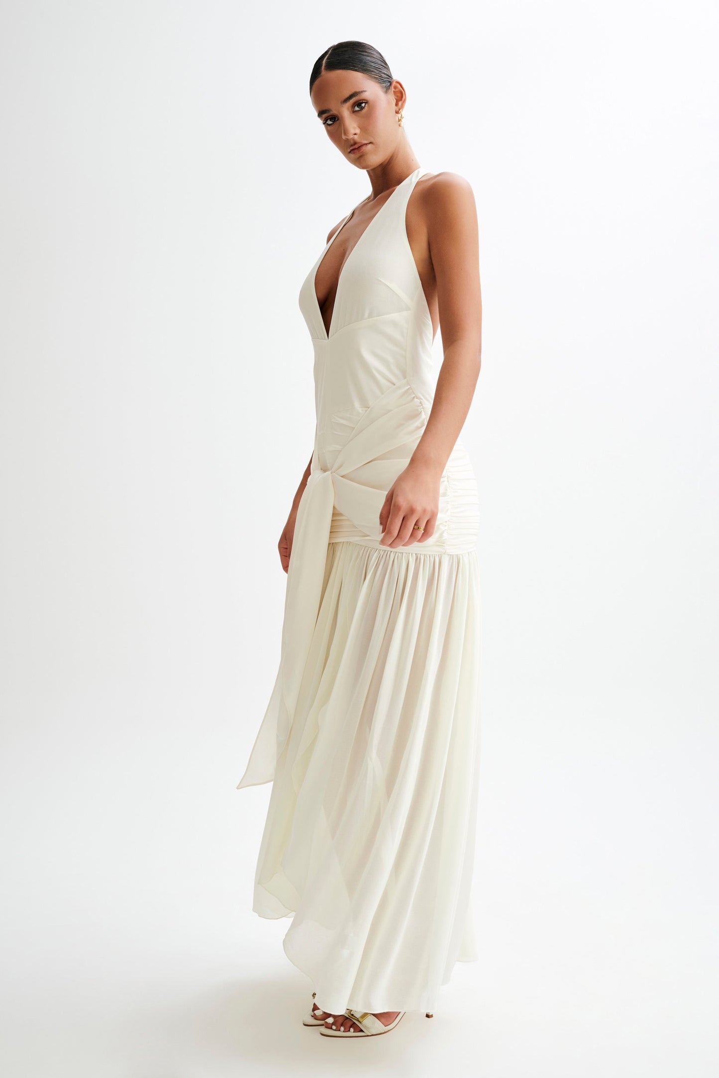 Robe Maxi en Satin et Chiffon à Décolleté Plongeant - Ivoire