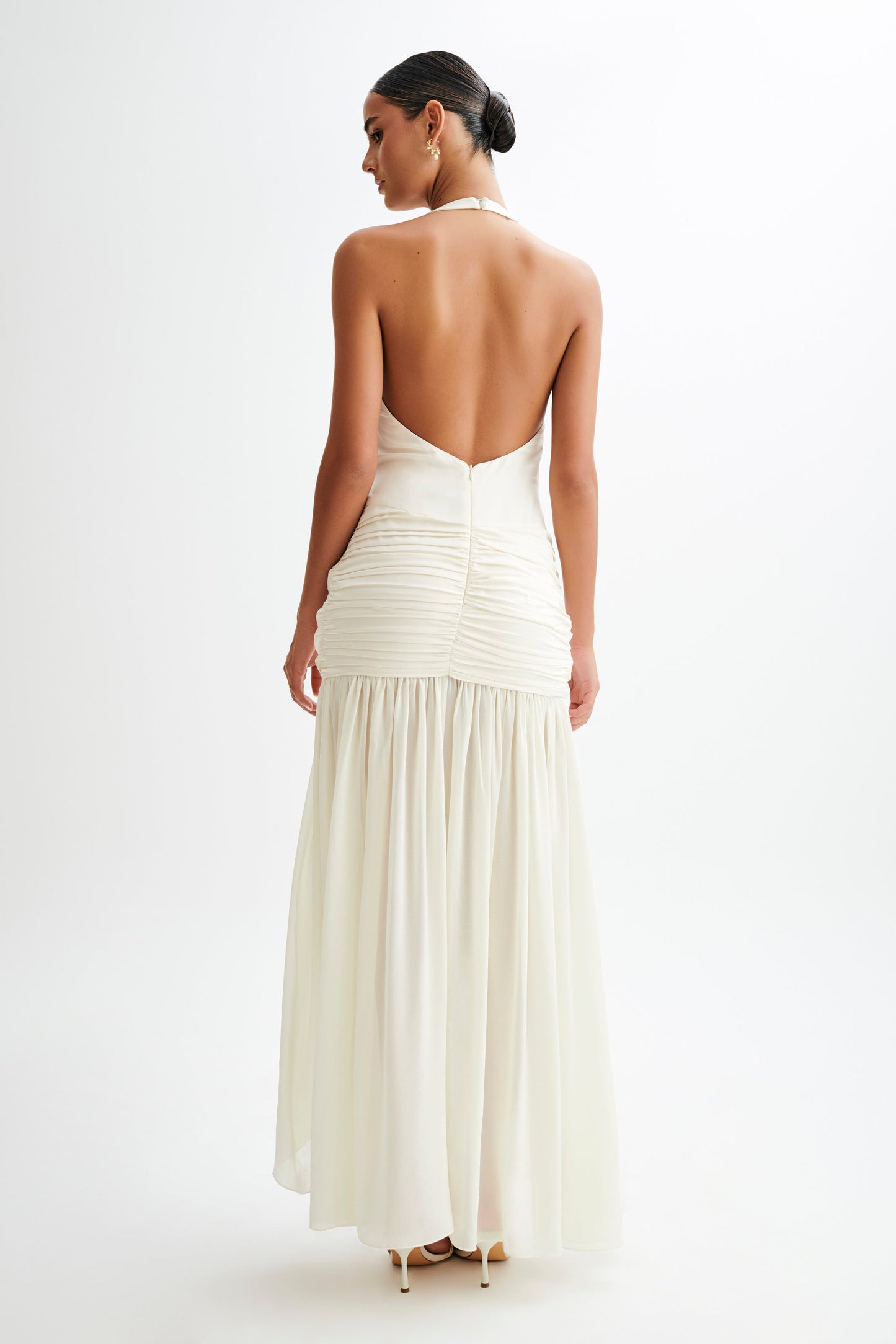 Robe Maxi en Satin et Chiffon à Décolleté Plongeant - Ivoire