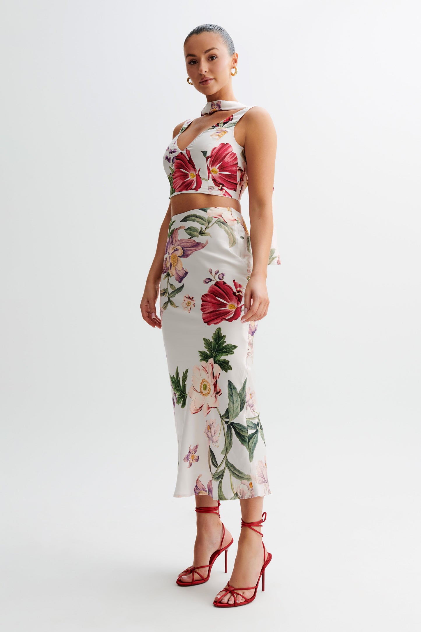 Jupe mi-longue en satin Viviana - Imprimé Bella Rosa