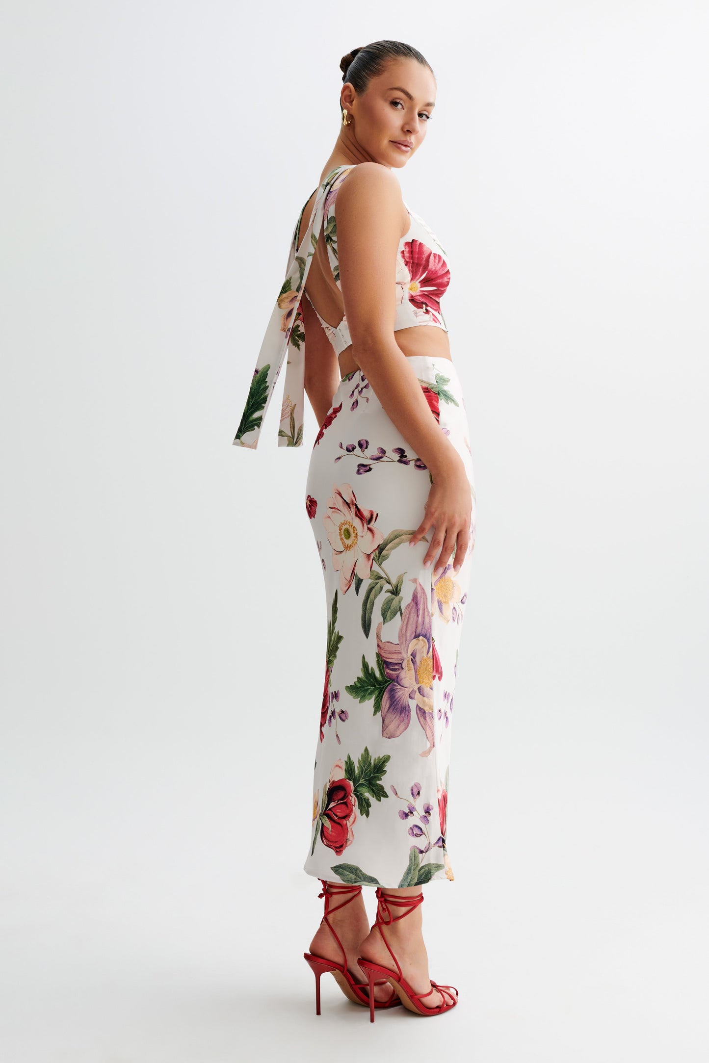 Jupe mi-longue en satin Viviana - Imprimé Bella Rosa