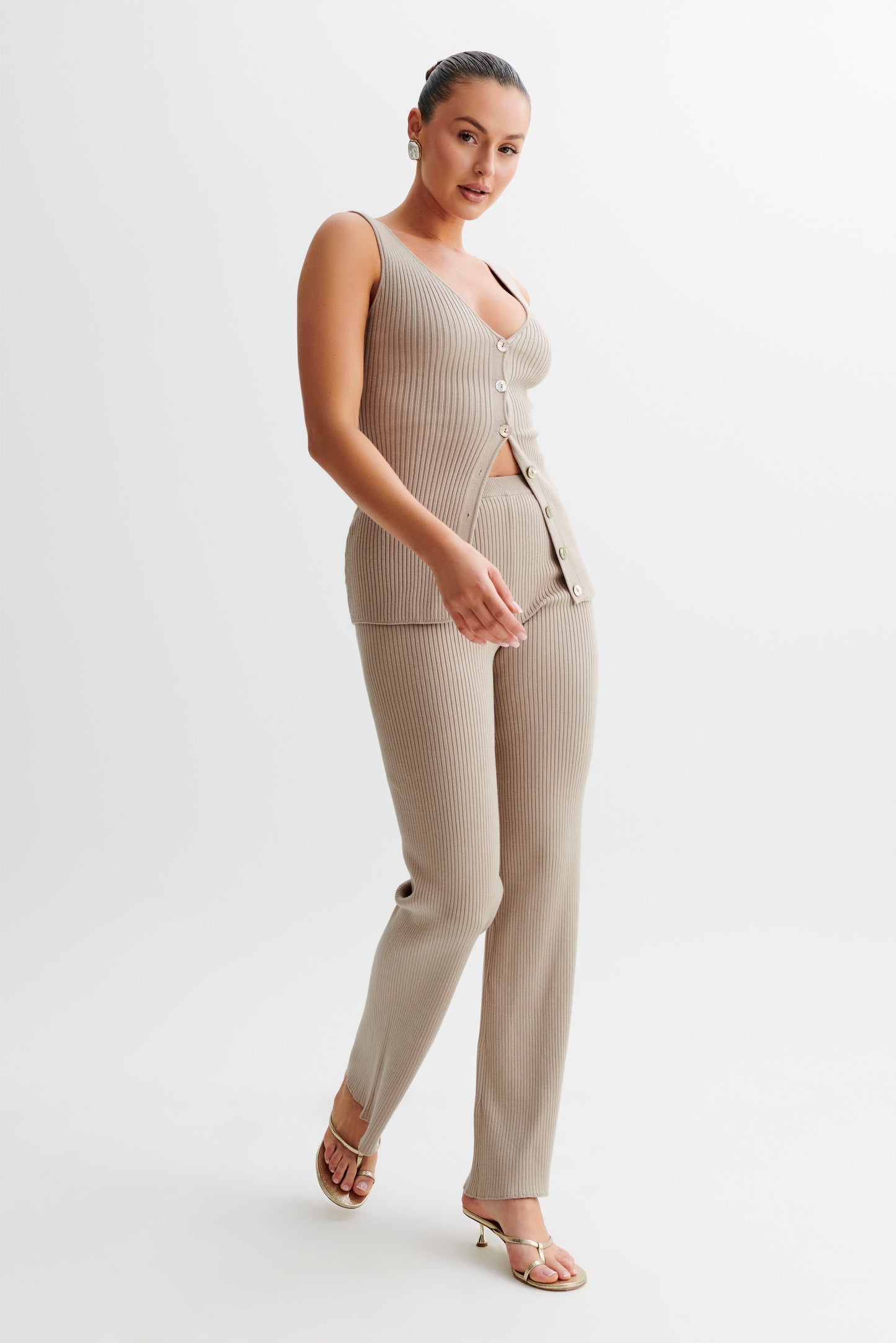 Gilet long en tricot Calypso - Gris taupe