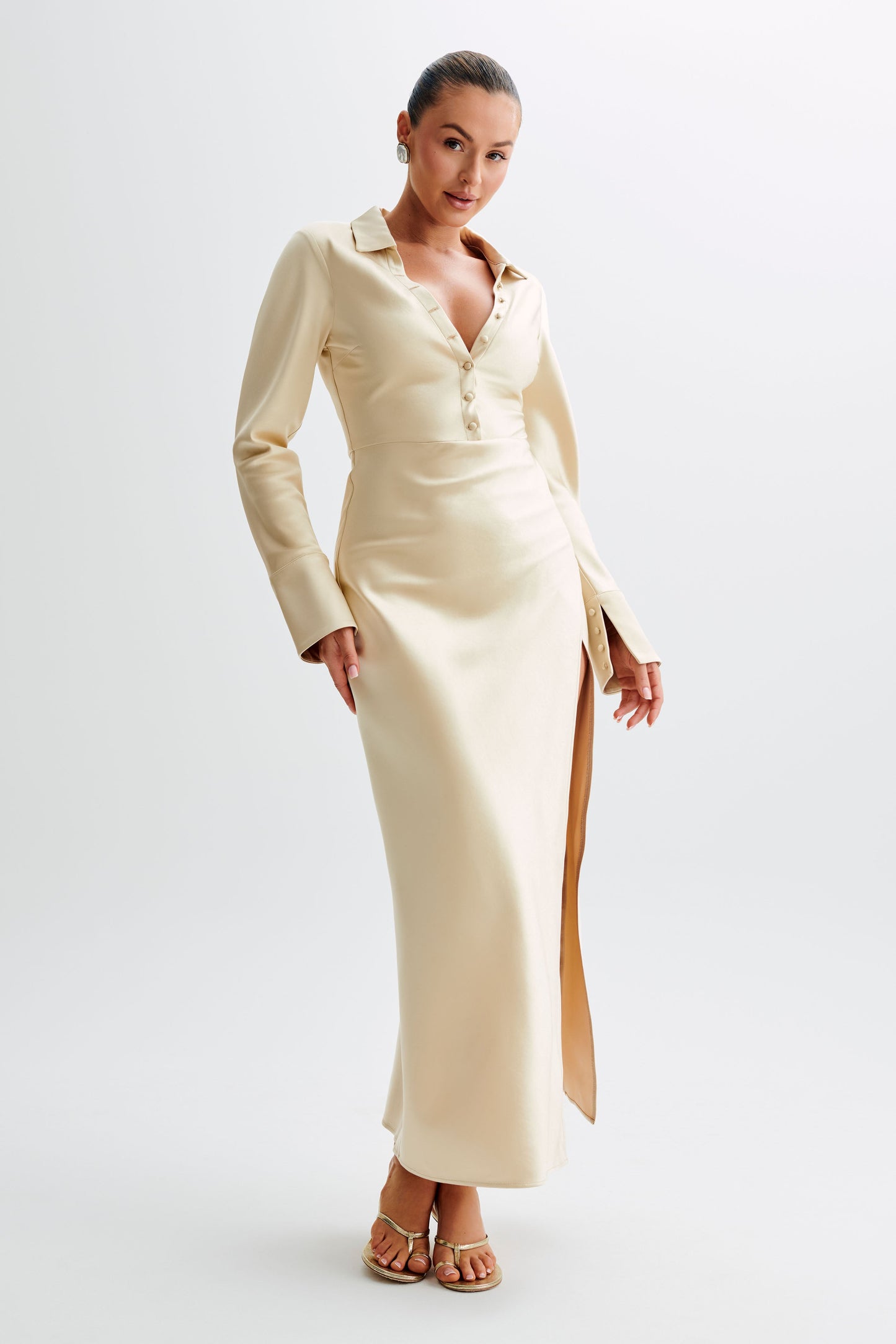 Robe Maxi en Satin avec Col - Or