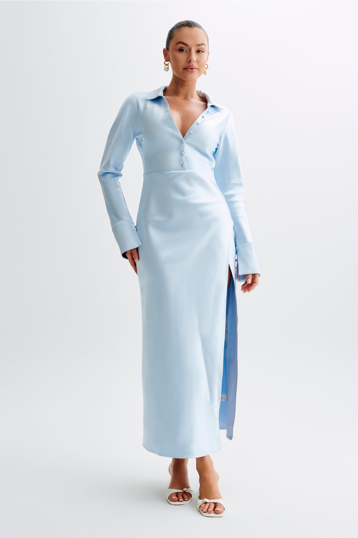 Robe Maxi en Satin avec Col - Bleu Glacé