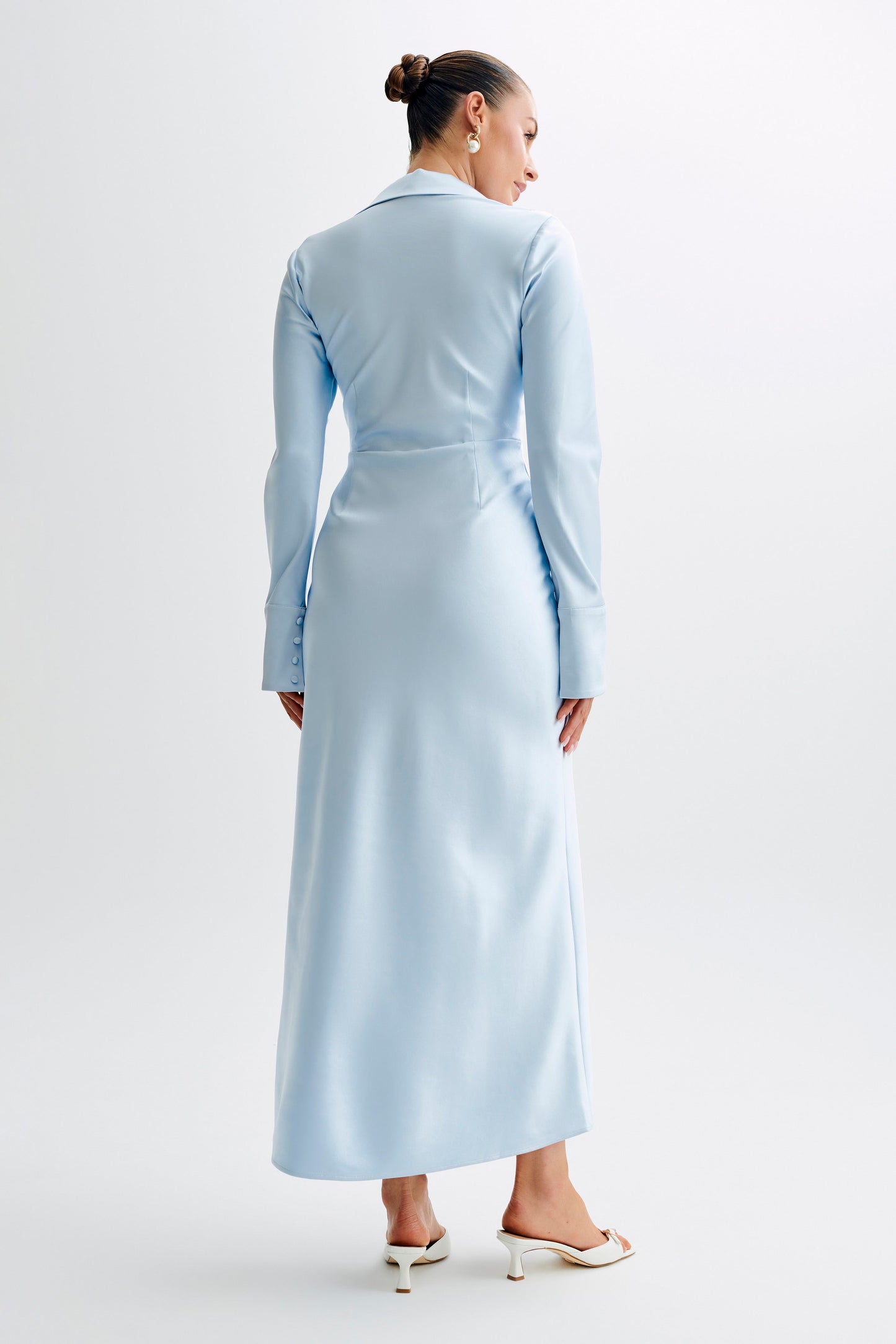 Robe Maxi en Satin avec Col - Bleu Glacé