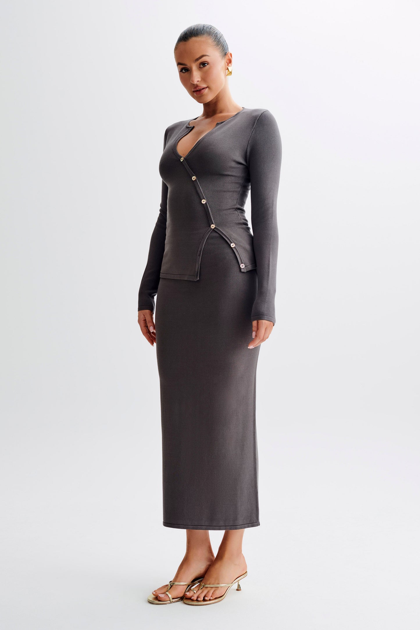 Jupe Maxi Tricot Boutonnée Maisie - Gris Anthracite