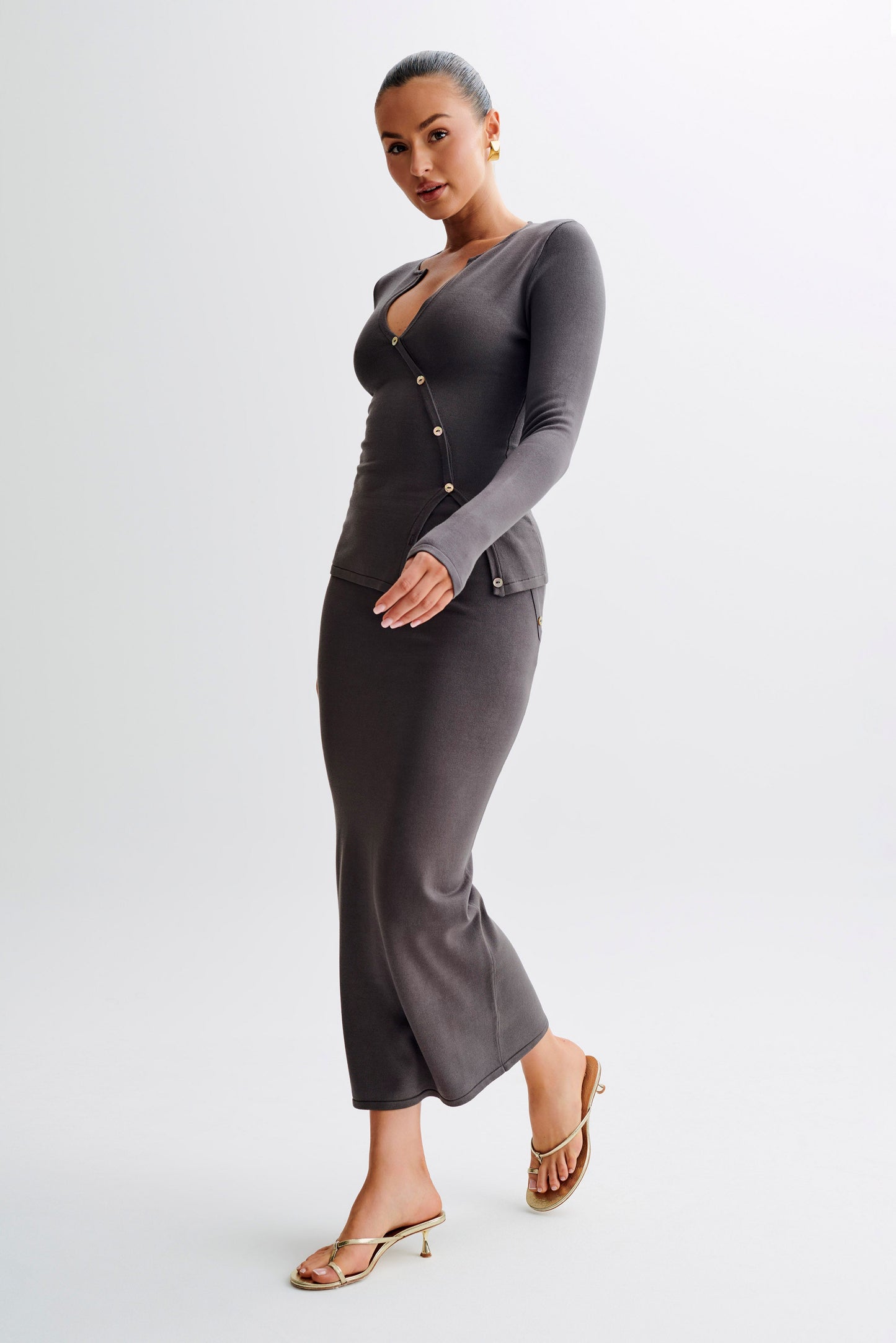 Jupe Maxi Tricot Boutonnée Maisie - Gris Anthracite