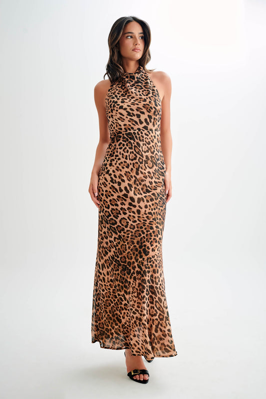 Robe maxi Estella en mousseline de soie à col montant - Imprimé léopard