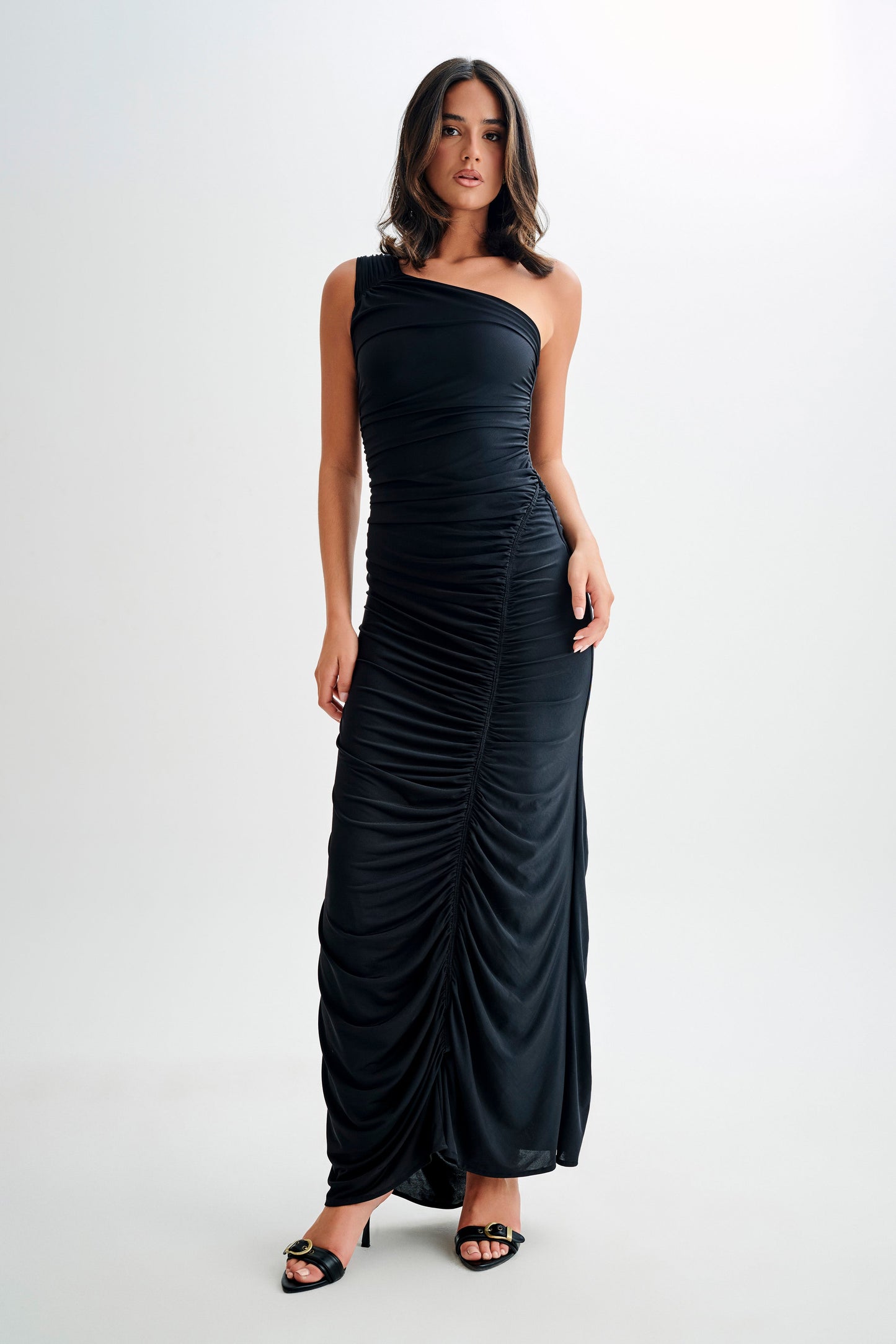 Robe Maxi Capri en Mousseline de Soie à Plis - Noir