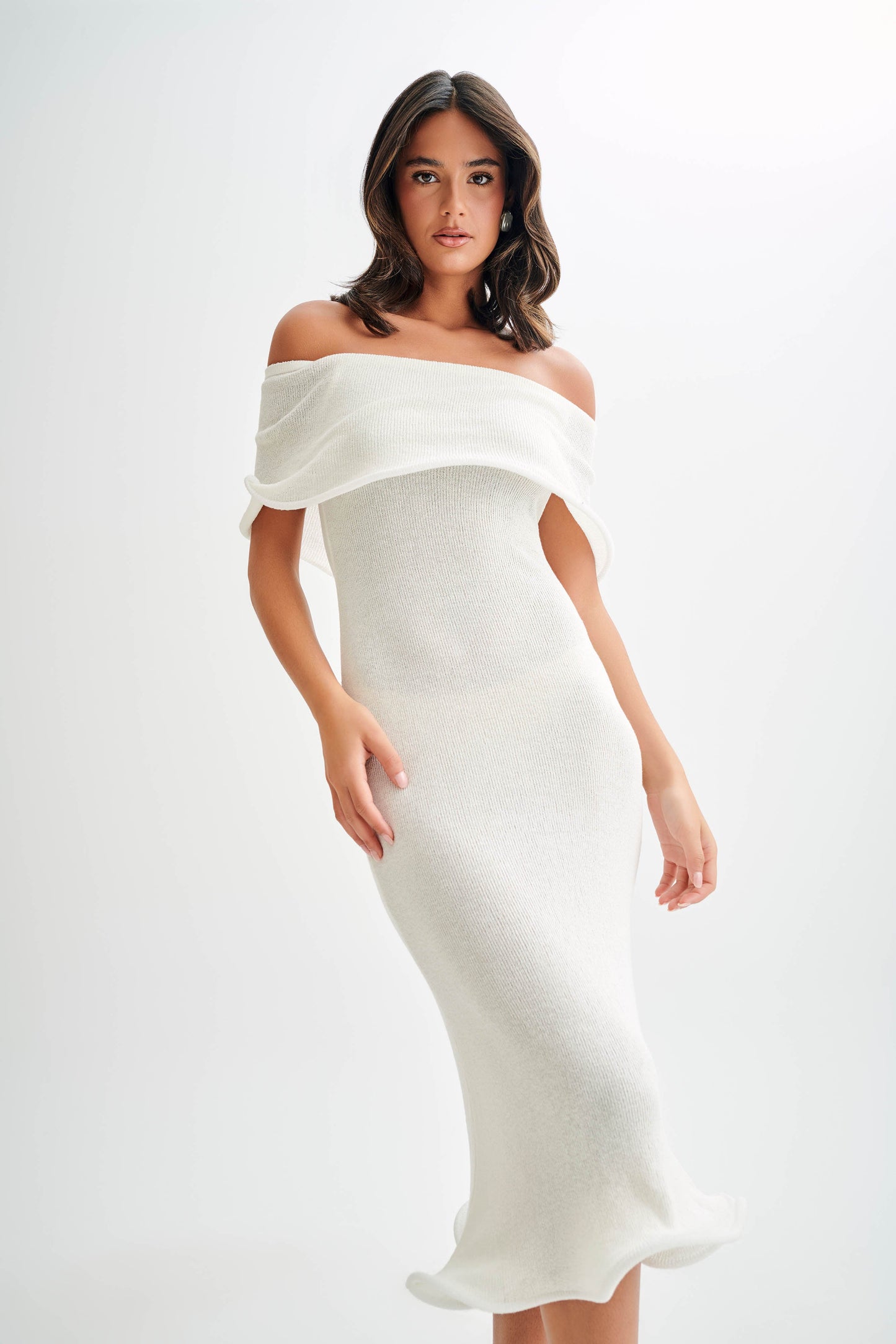 Robe midi en tricot Molly à épaules dénudées - Ivoire
