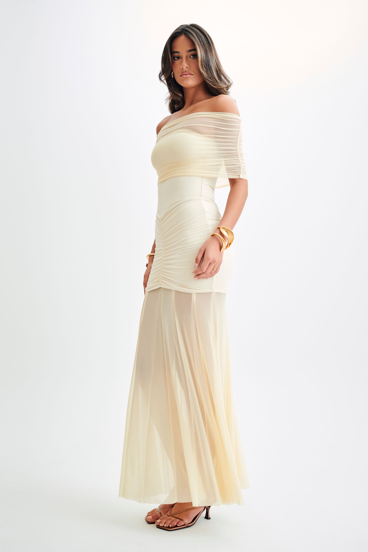 Robe Maxi Caspienne en Mousseline et Maille, Décolletée - Ivoire