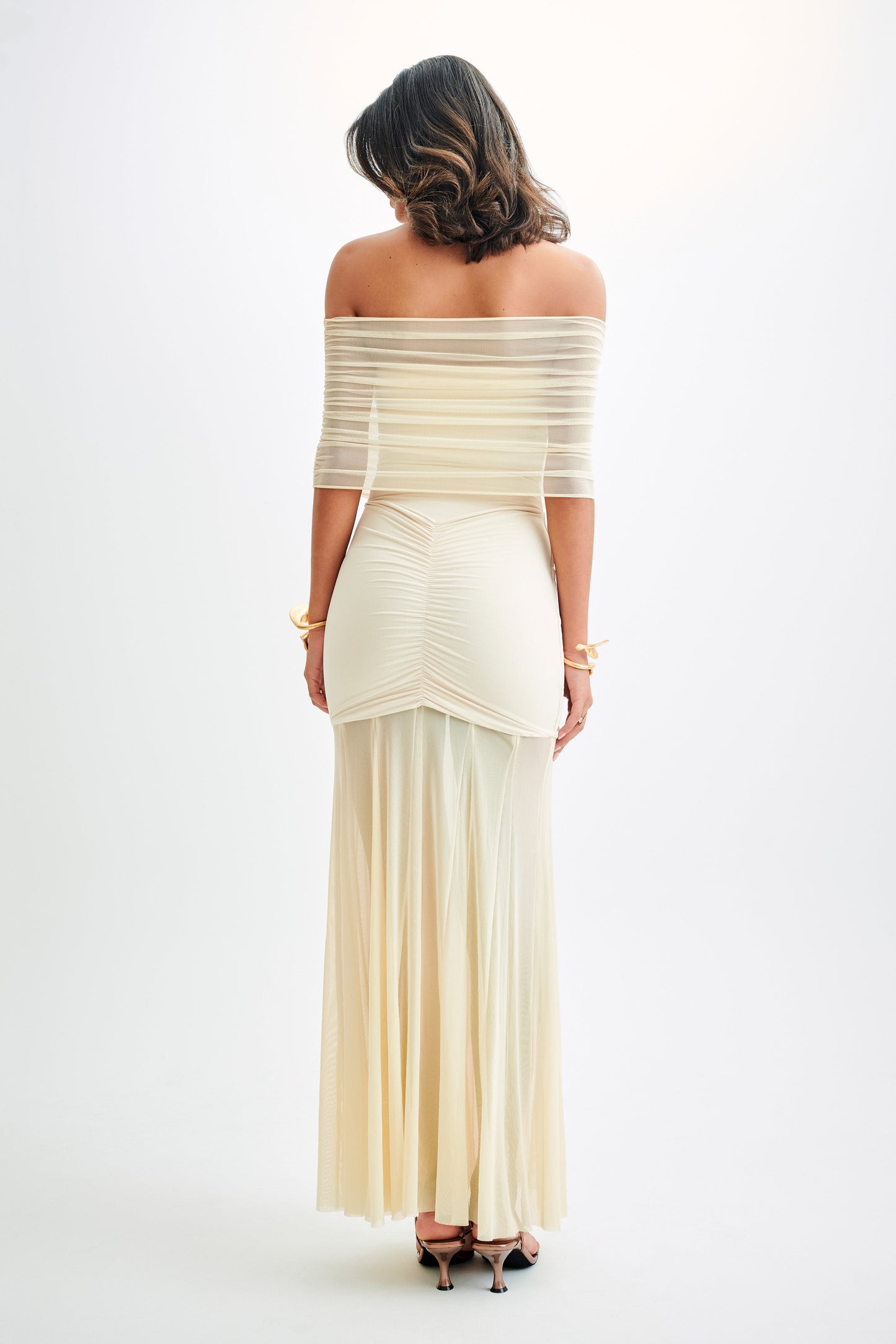 Robe Maxi Caspienne en Mousseline et Maille, Décolletée - Ivoire